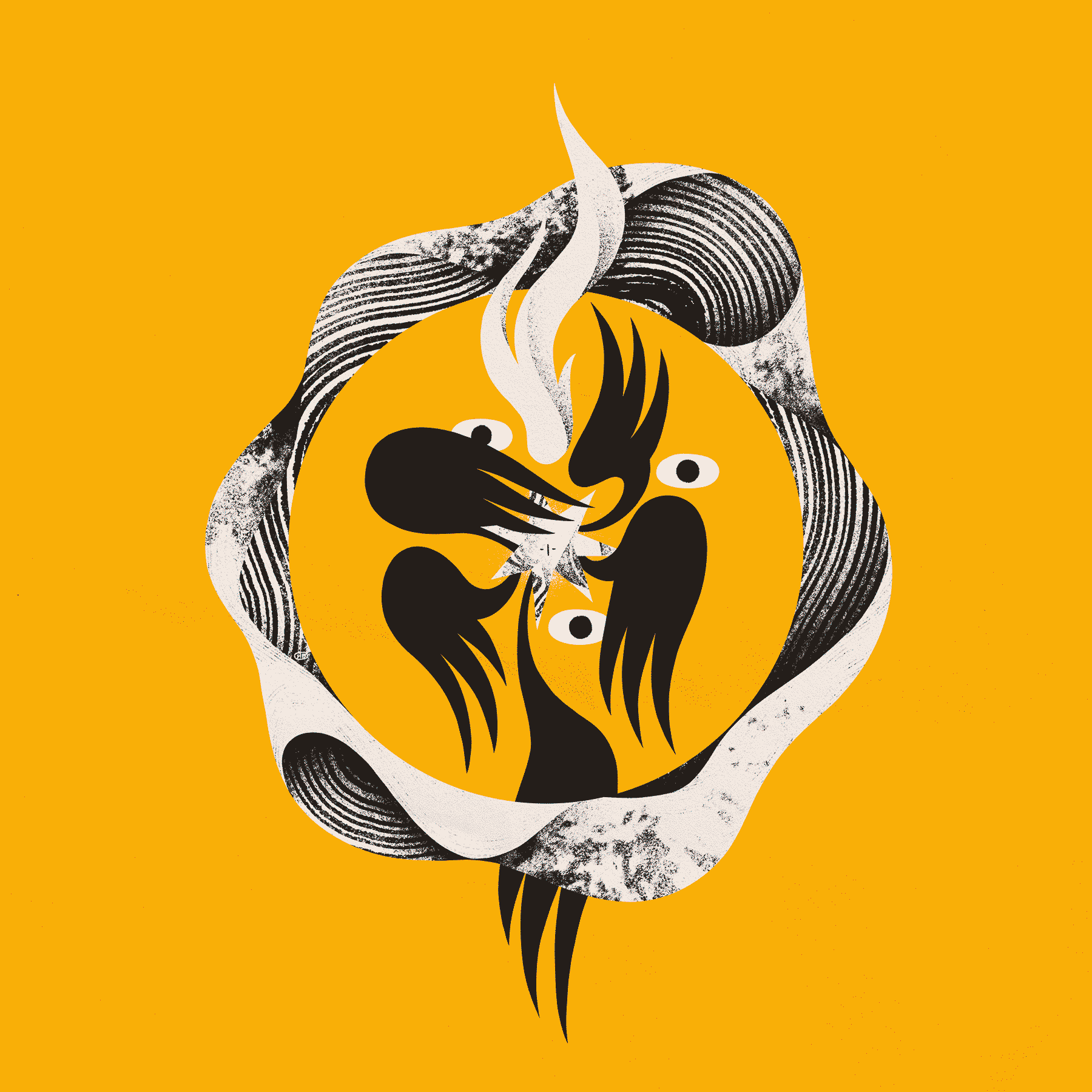 A many-eyed, winged angel covers itself while surrounded by a heavily textured halo. The angel is black and white, while the background is a solid yellow.