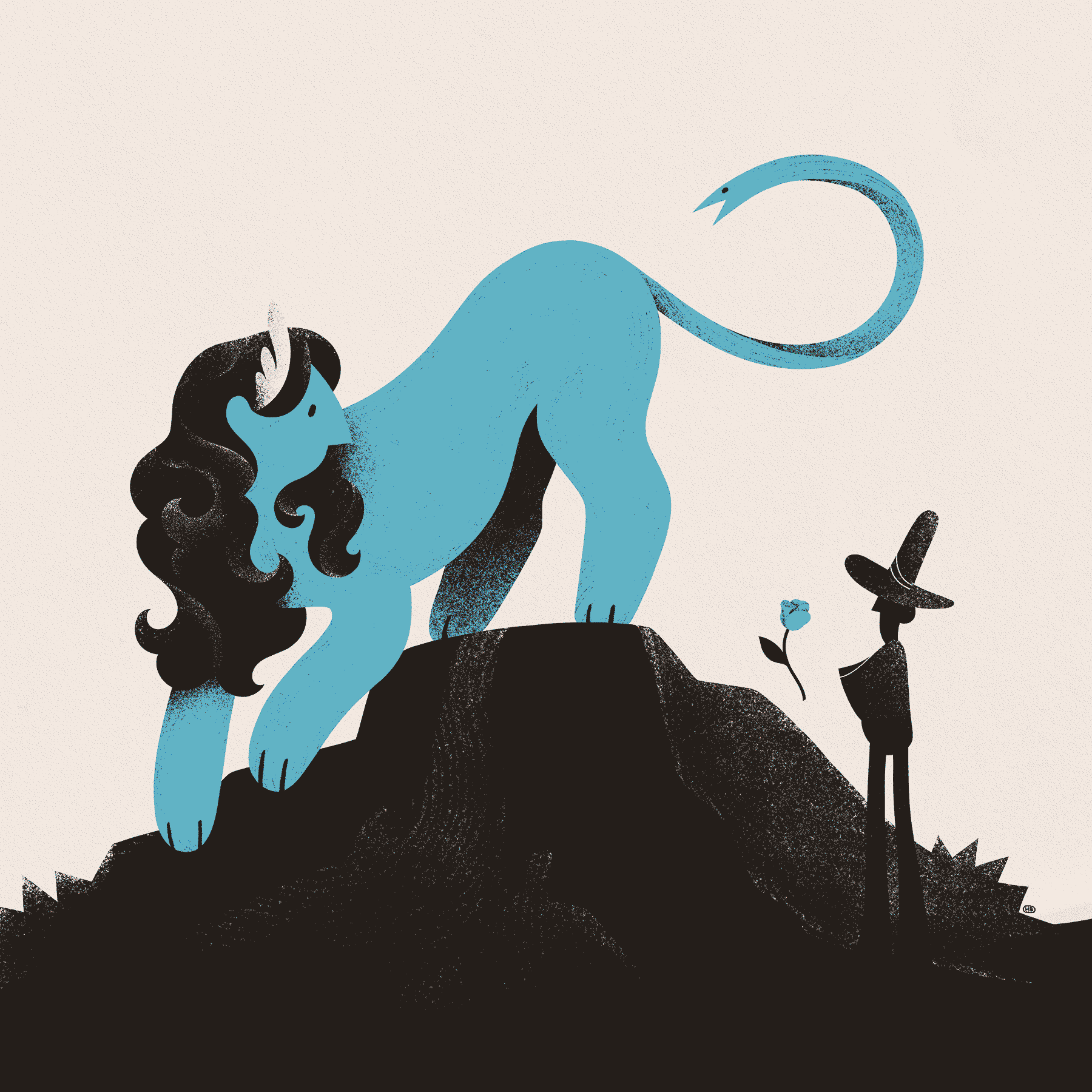 A wizard-like figure holds out a rose to a blue sphinx leaving her perch.