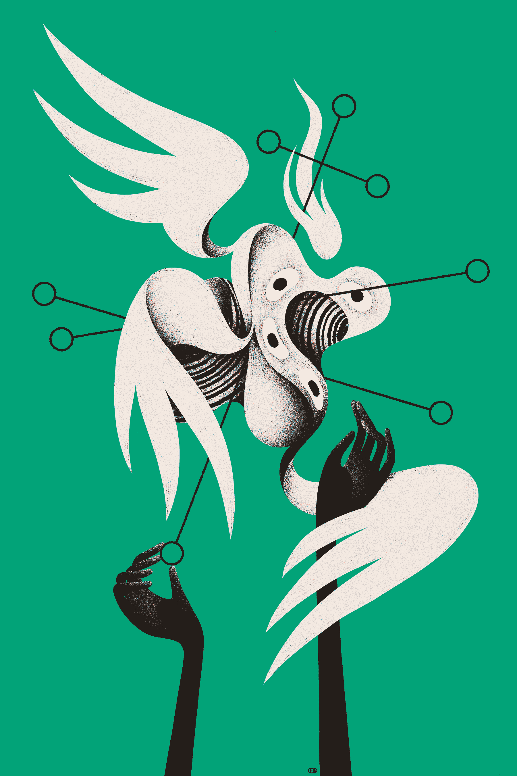 Two hands pierce a three-winged, many-eyed angel with sigils, and its body warps around them, bound.