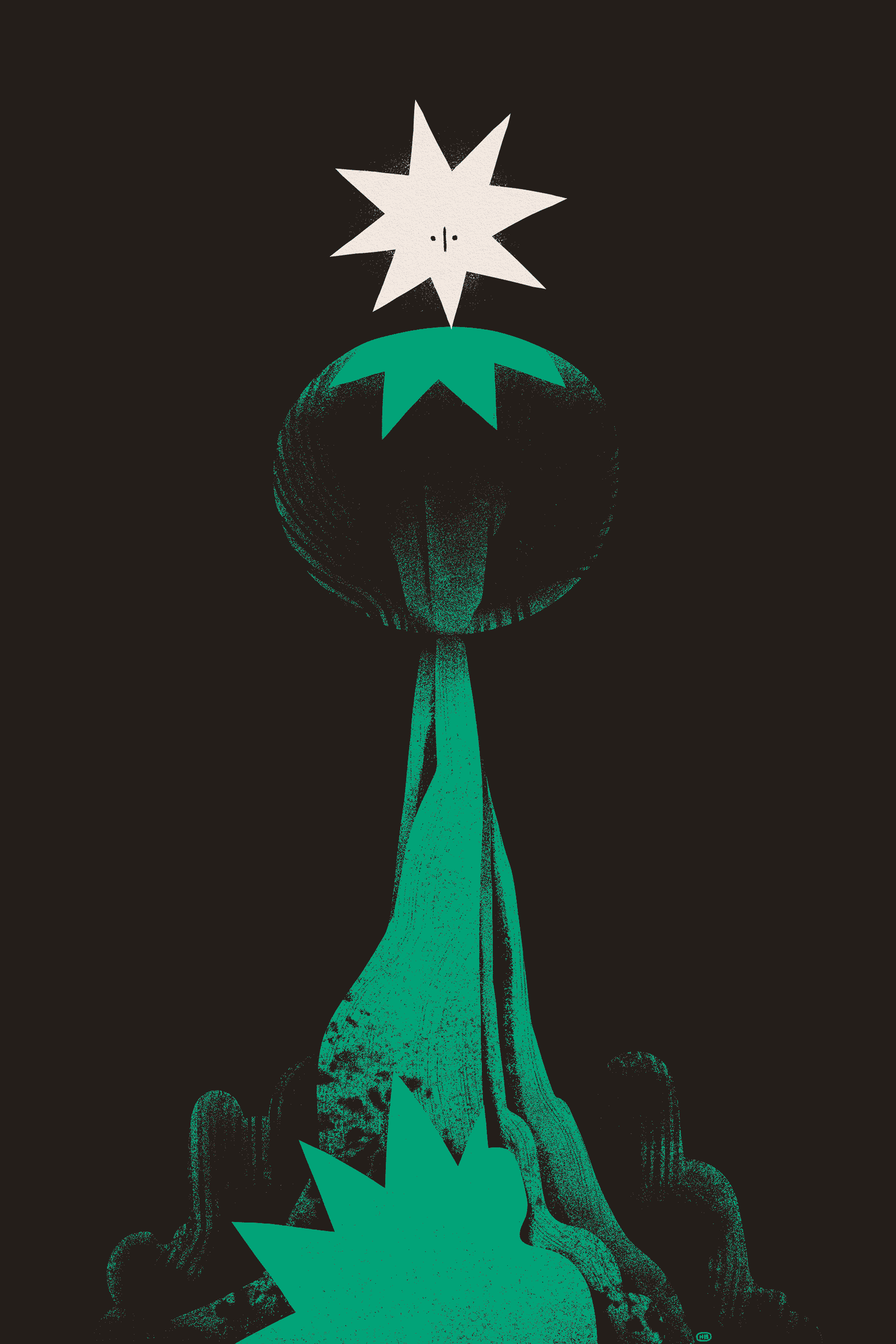 A star-like entity alights onto a reflective orb balanced upon a mountaintop and surveys a green, abstracted landscape below.
