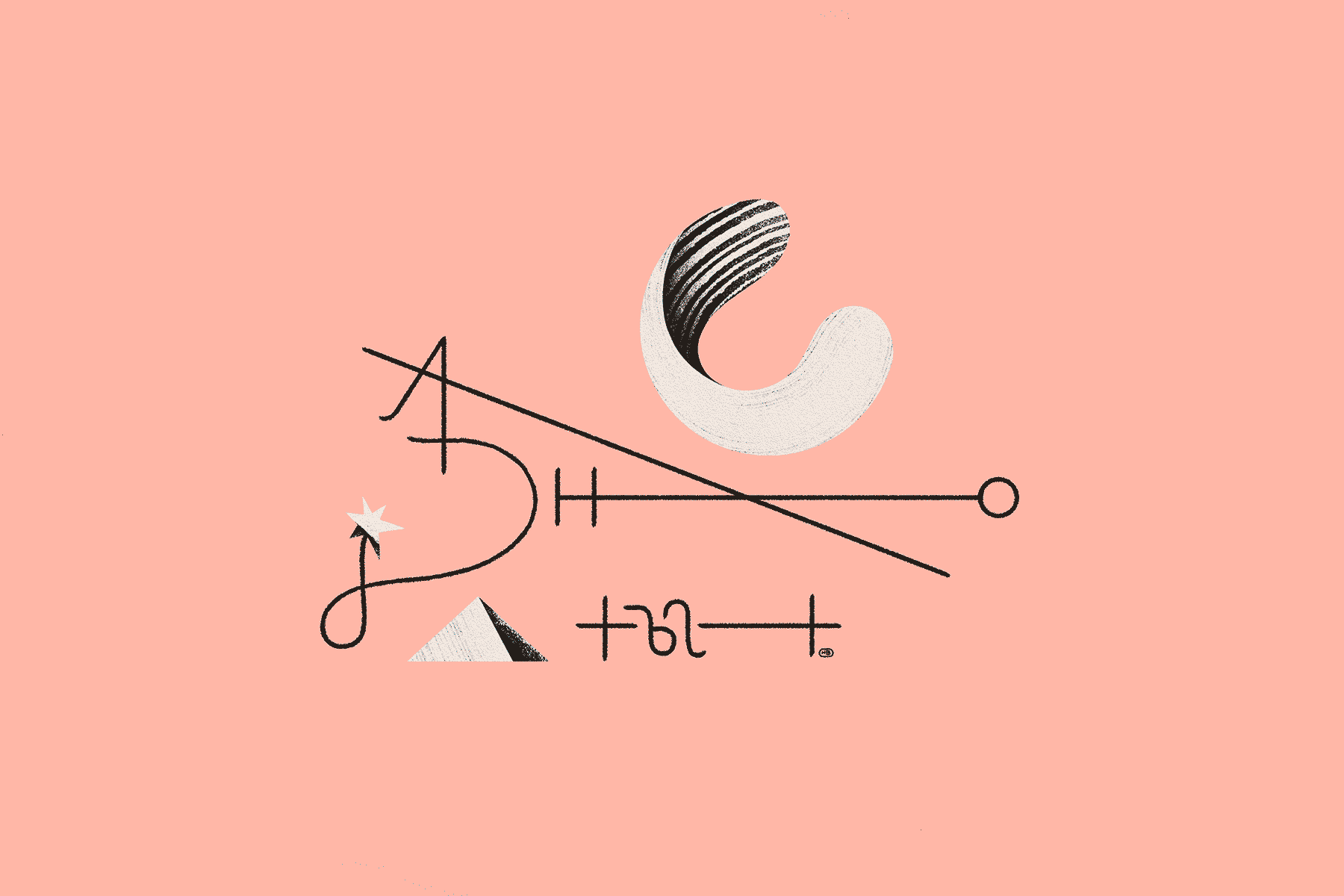 A curved, textured shape and pyramid are connected by abstract sigils on a pink background.