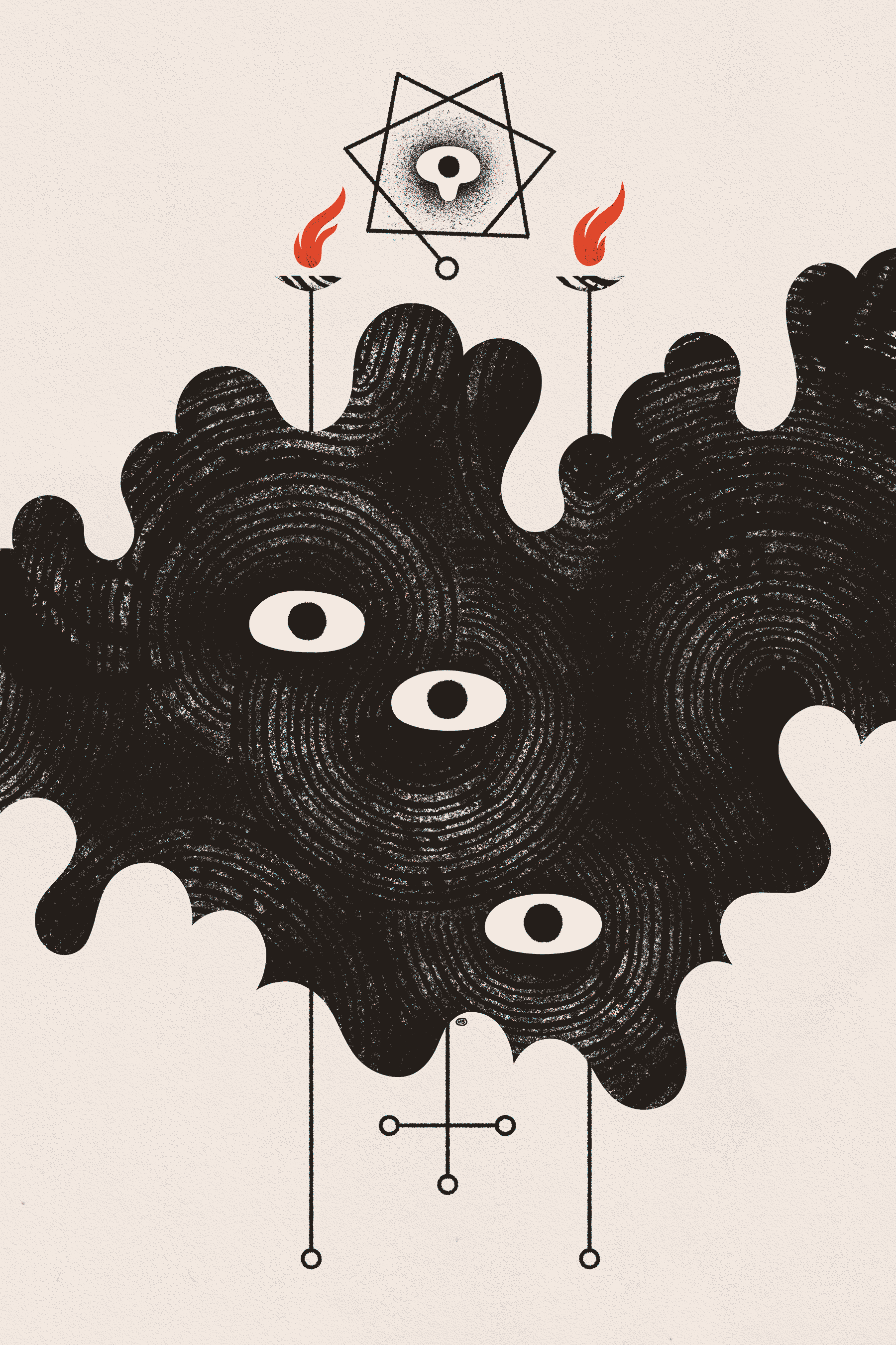Eyes peer out from a black rift in the cloudscape. Two lit braziers and sigils are behind the rift.