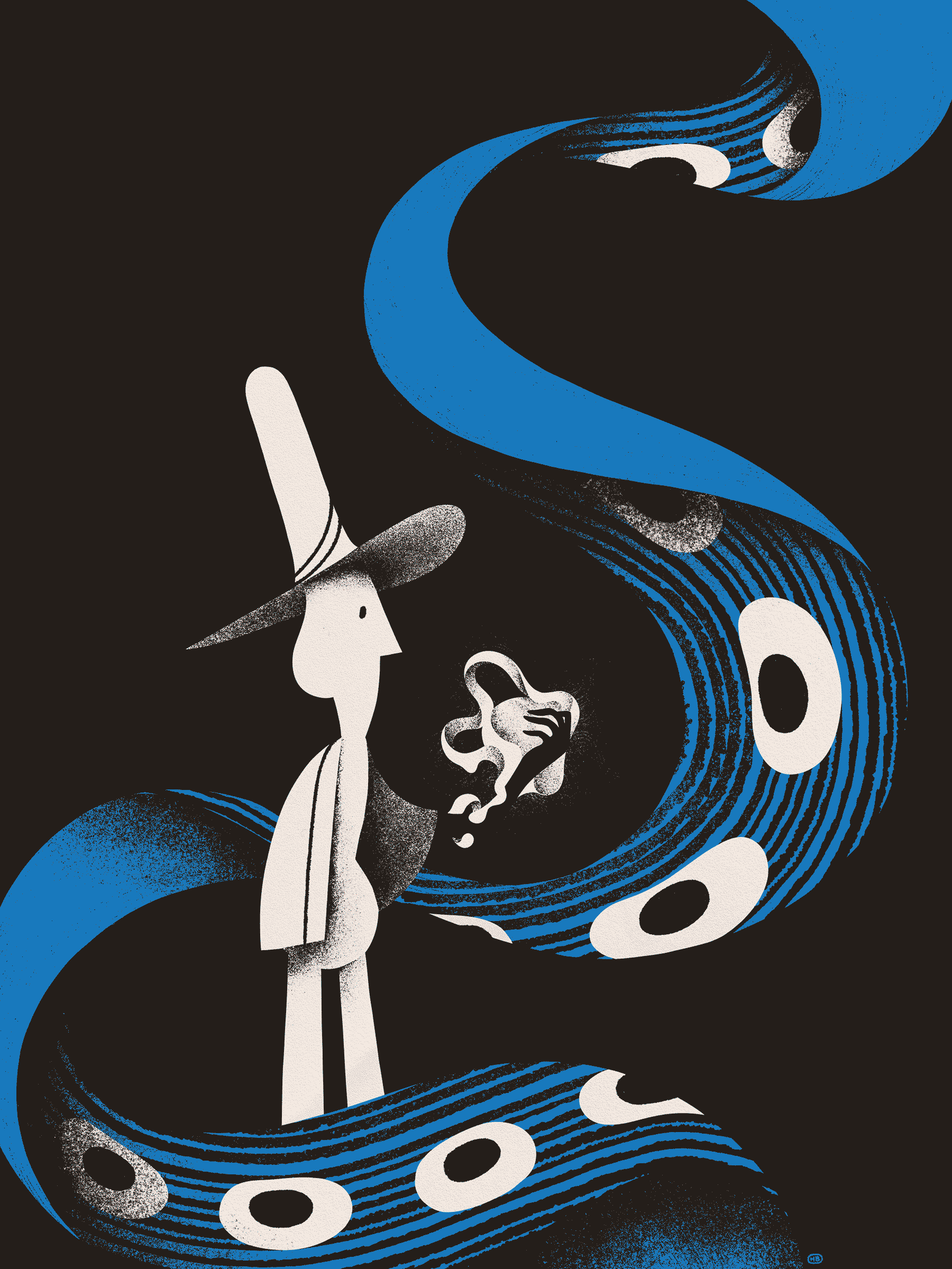 A magician holds a small, blob-like substance in one invisible hand. They are surrounded by a blue, many-eyed, ribbon-like entity.