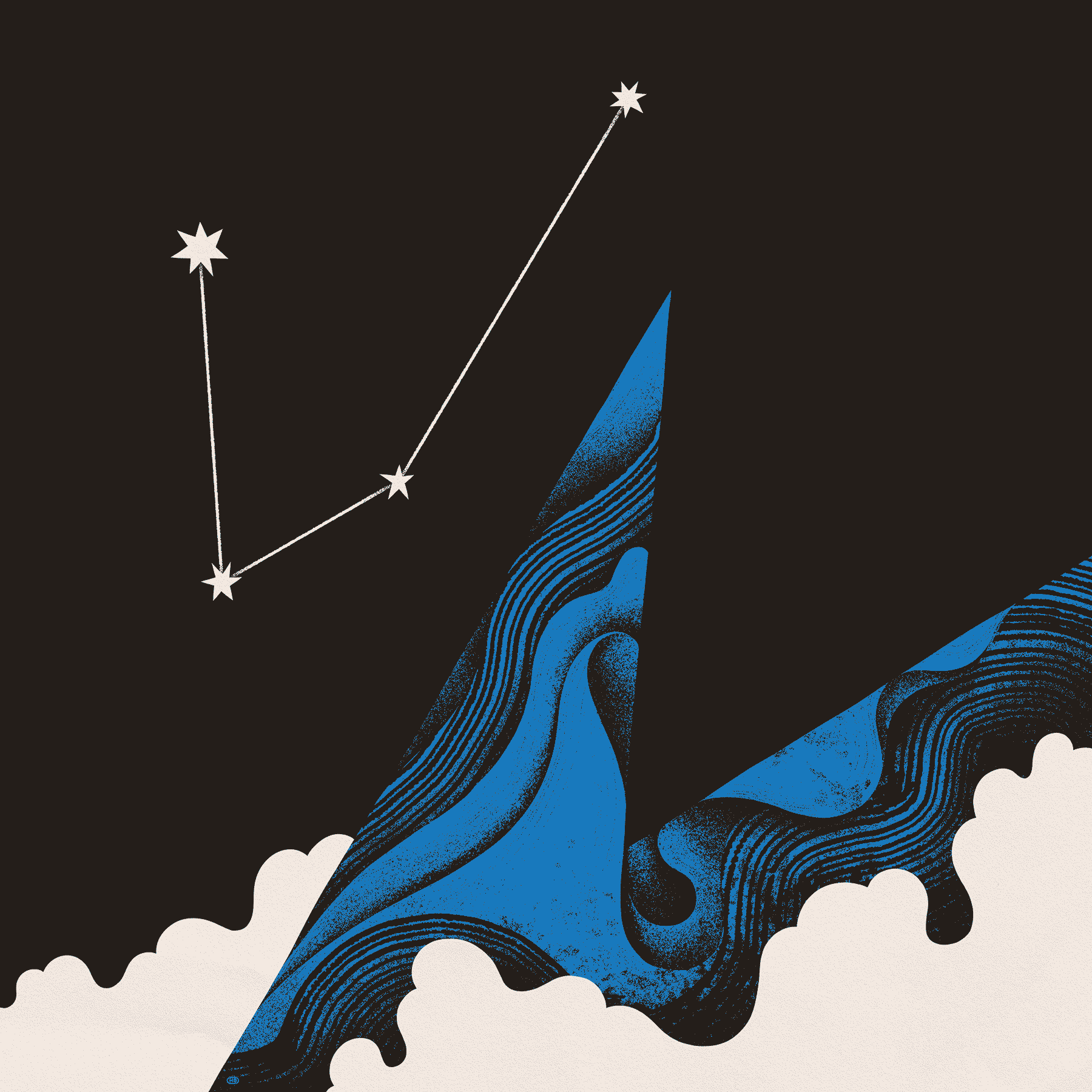 An abstract, textured spire rises above the clouds and aligns with a constellation.
