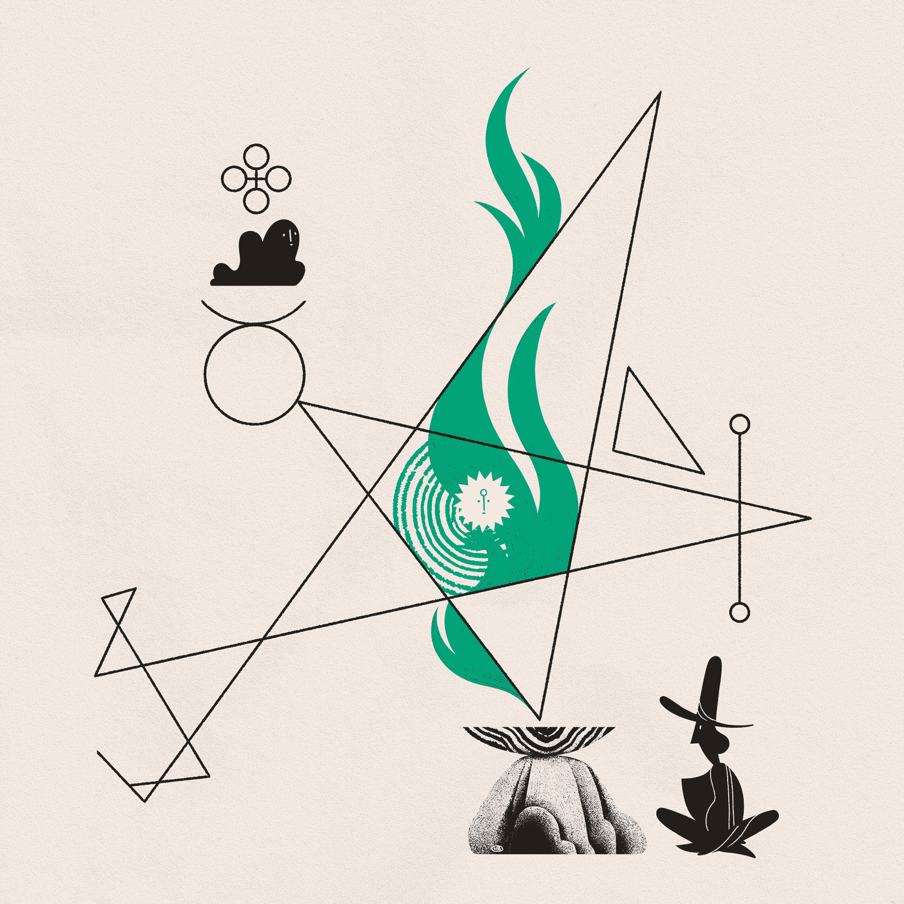 A magician and their familiar draw a large geometric sigil around a star-like entity. Green flames consume the sigil.