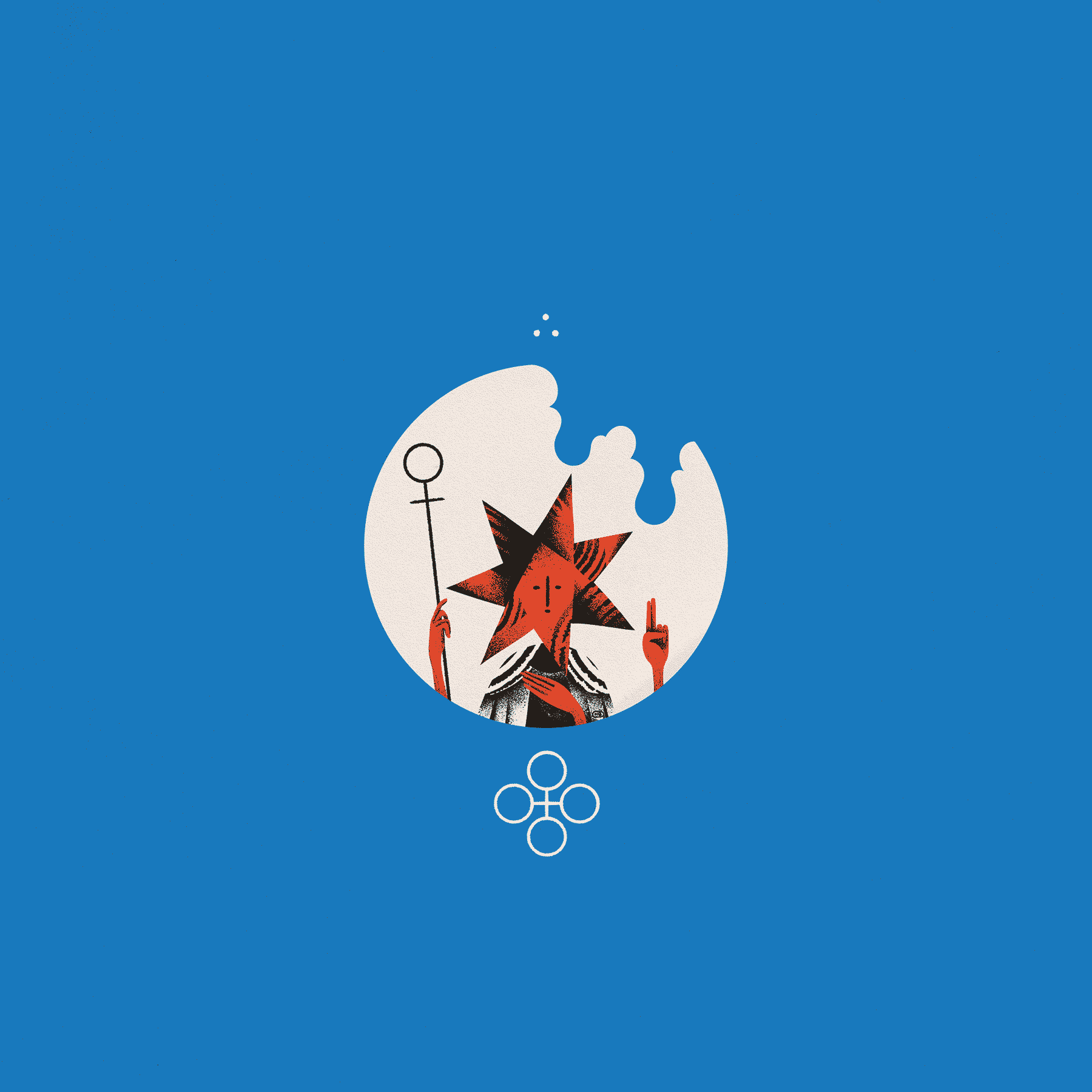 A red, star-headed, three-armed entity offers a blessing within a small, circular composition on a blue background.