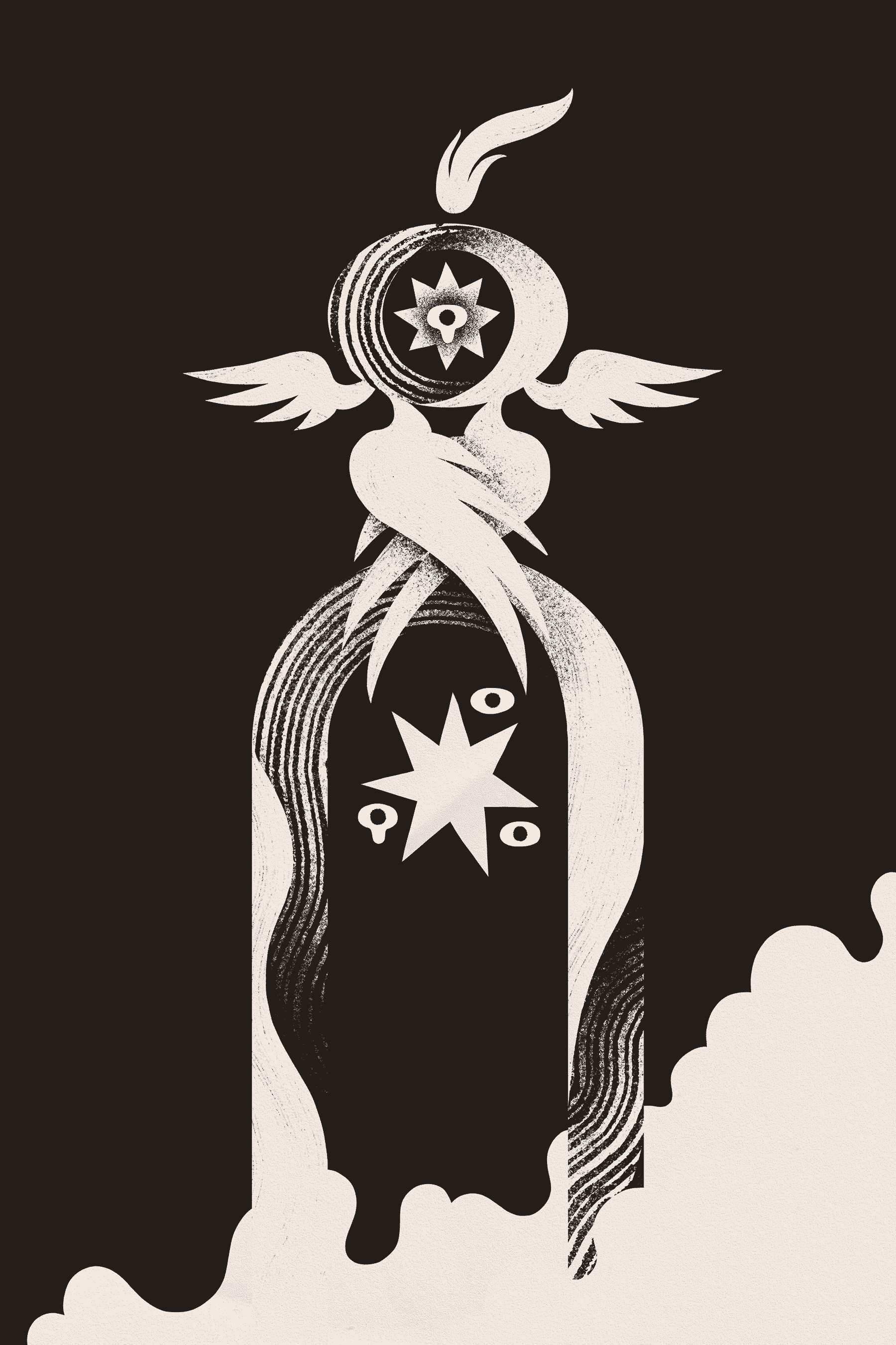 An archway rises above a cloudscape, containing a star and eyes. Above it, a ring-like angel with four wings weeps.