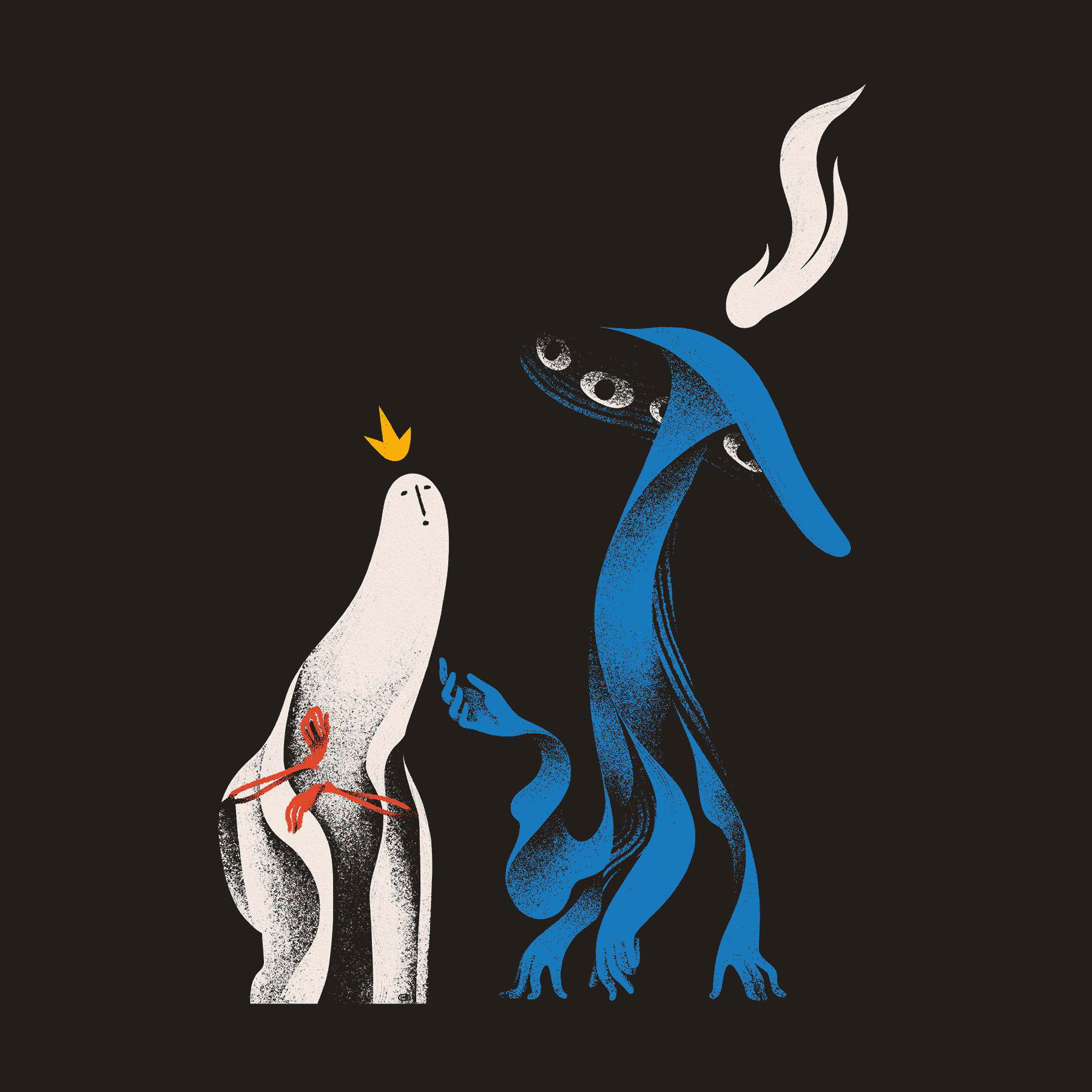 A ghost-like saint consults with a blue, multi-armed, mushroom-like entity.