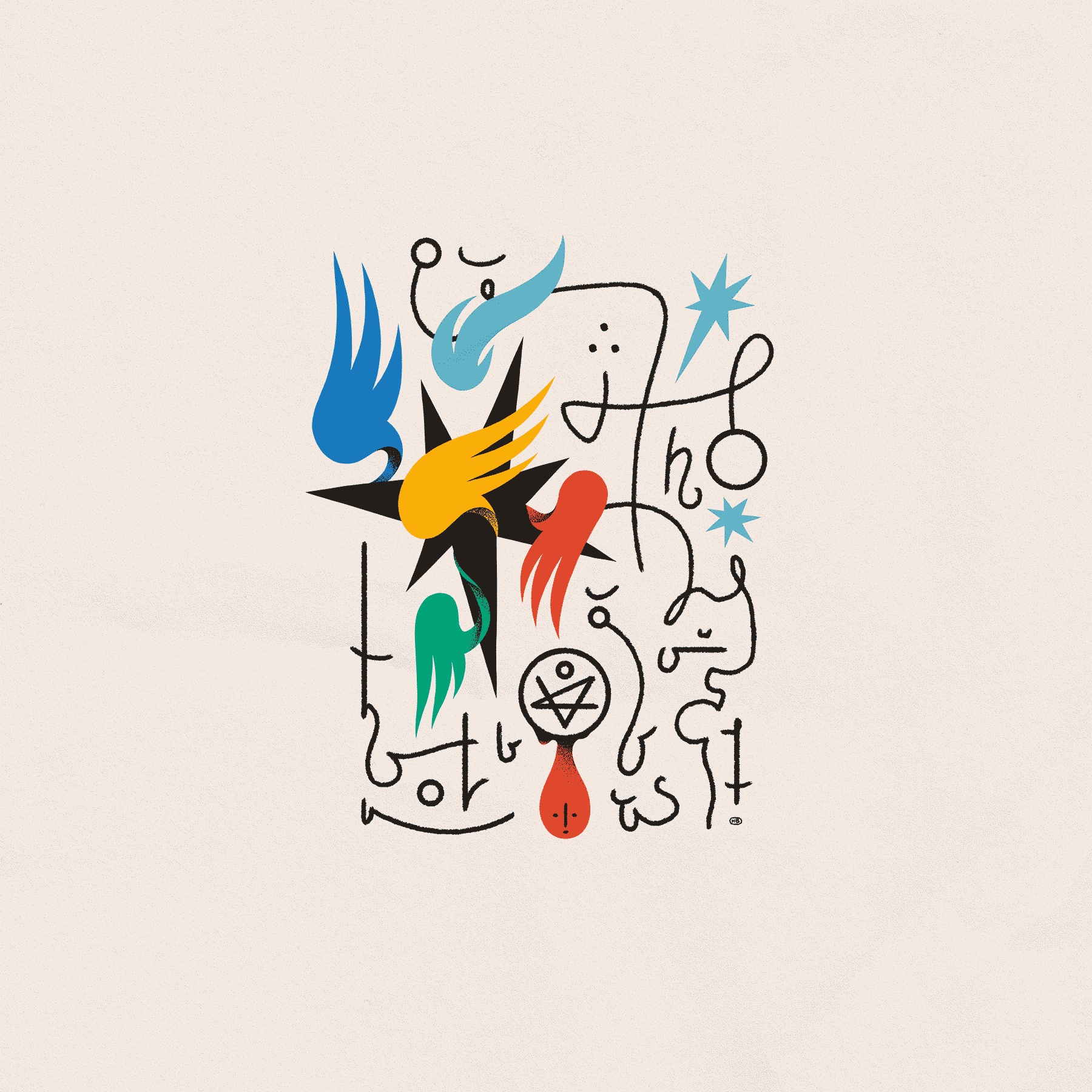 A many-winged, multicolored, star-like angel presides over a sigil. Below, a drop of liquid forms with a face on it.