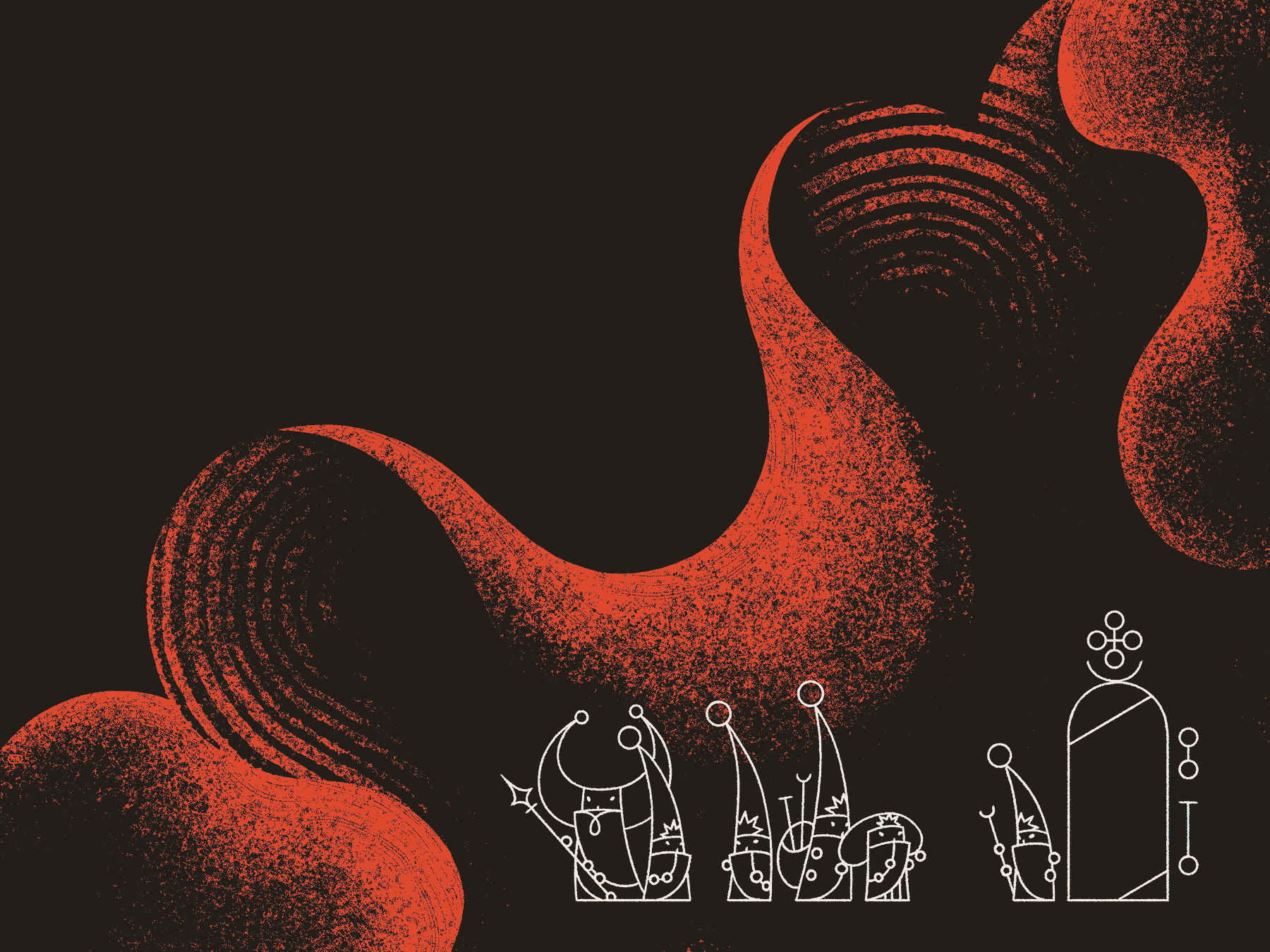 Several small magicians and their guards gather around a sigil gateway. They appear to be nervous as the background fills with red, heavily textured waves.