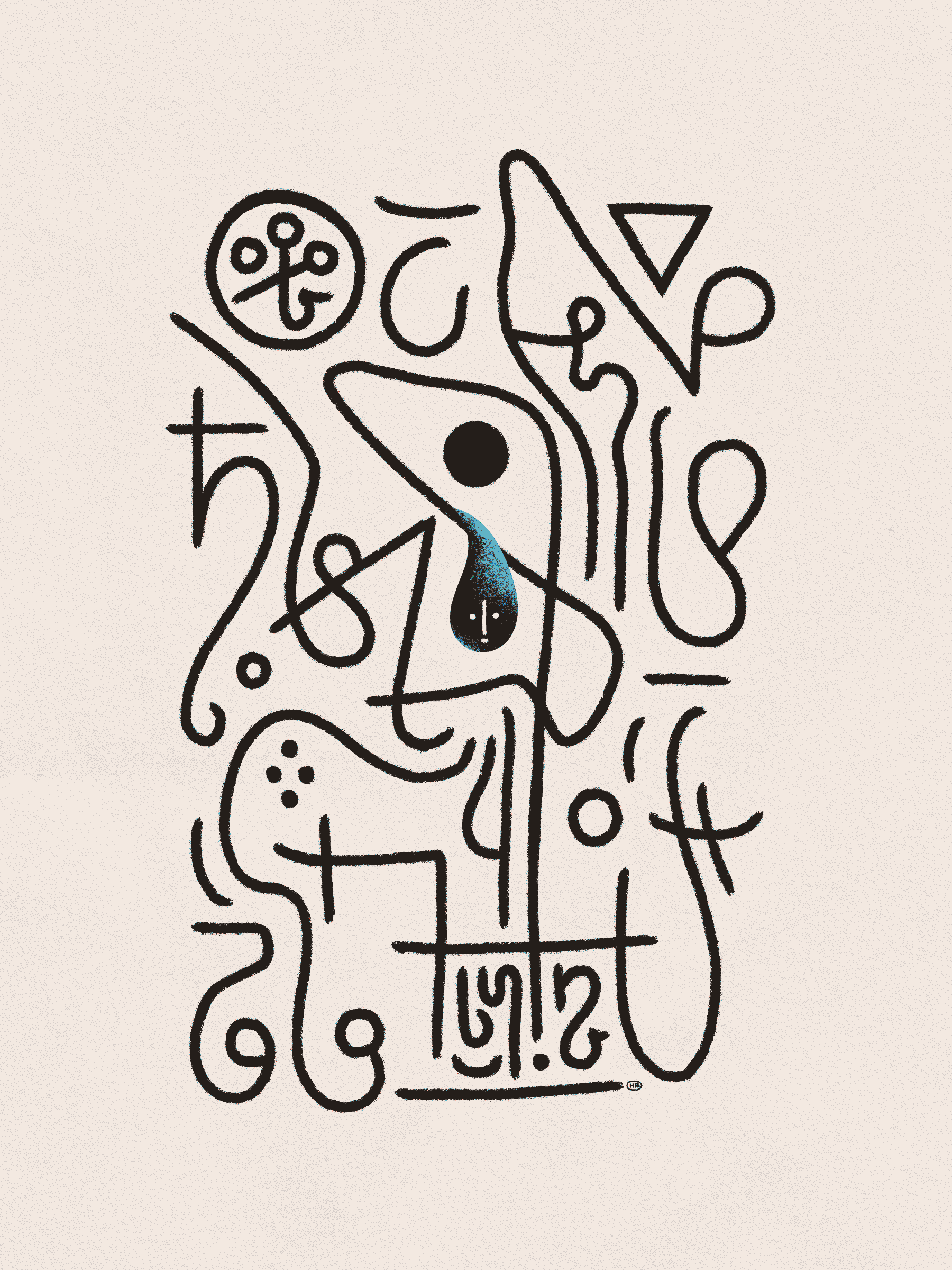 The composition is filled with loose, asemic sigils and writing. One section resembles an eye, and a teardrop with a face has formed below it.