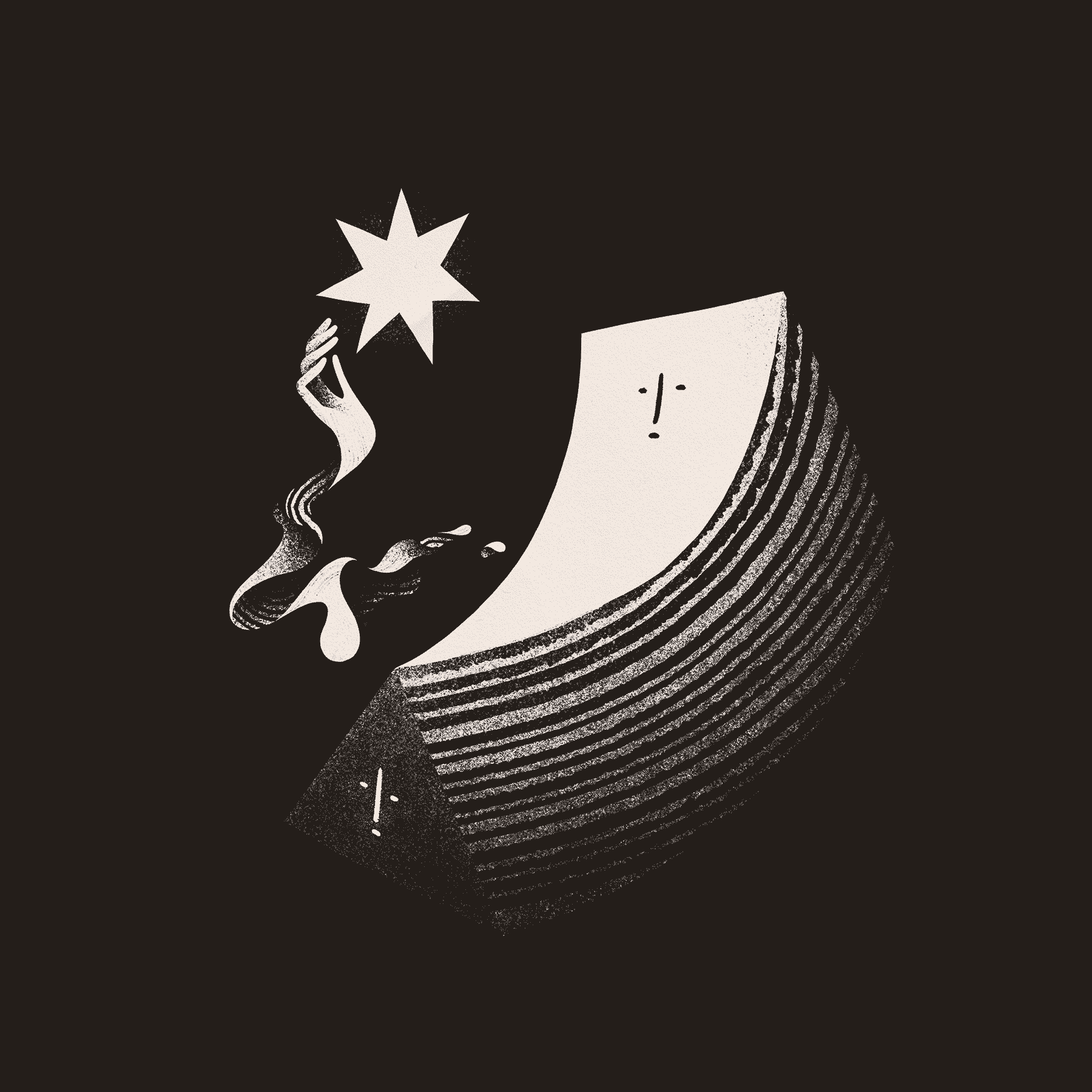 A prism-like, geometric entity with two faces reaches upward to touch a seven-pointed star in an otherwise black expanse.