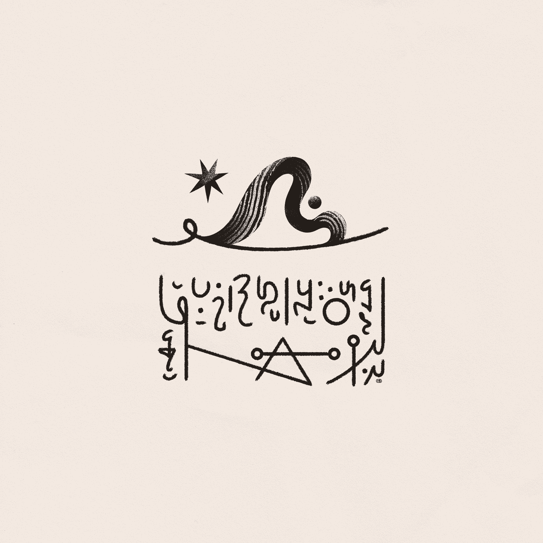 A wave-like shape and star float above a block of asemic writing and sigils.