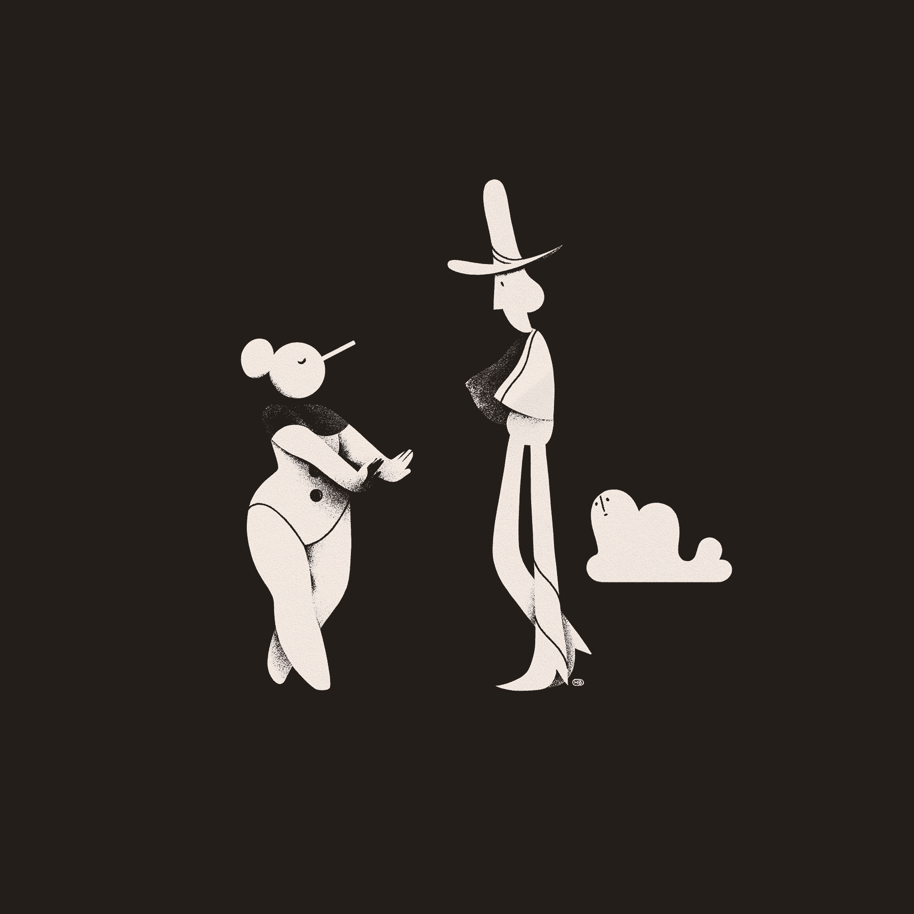A magician carefully studies the movements of a clown-like dancer while their familiar watches on.