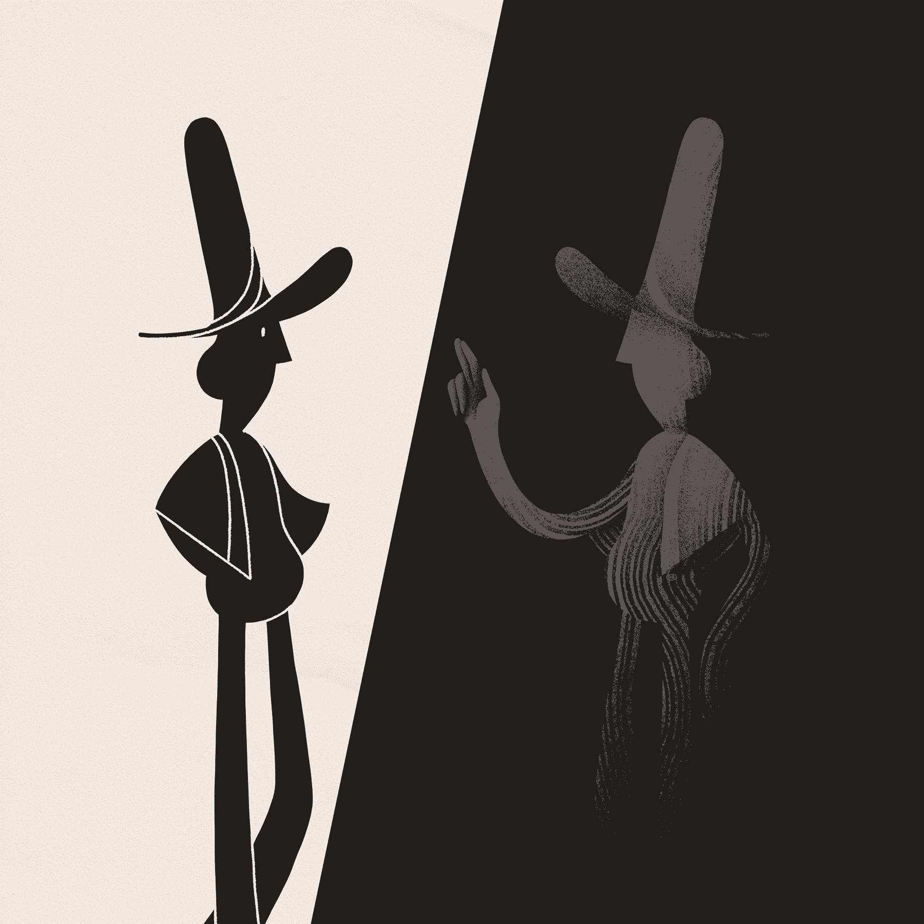 An armless magician approaches a black void which contains a mirror image of the magician, but the reflection is blind and has arms.
