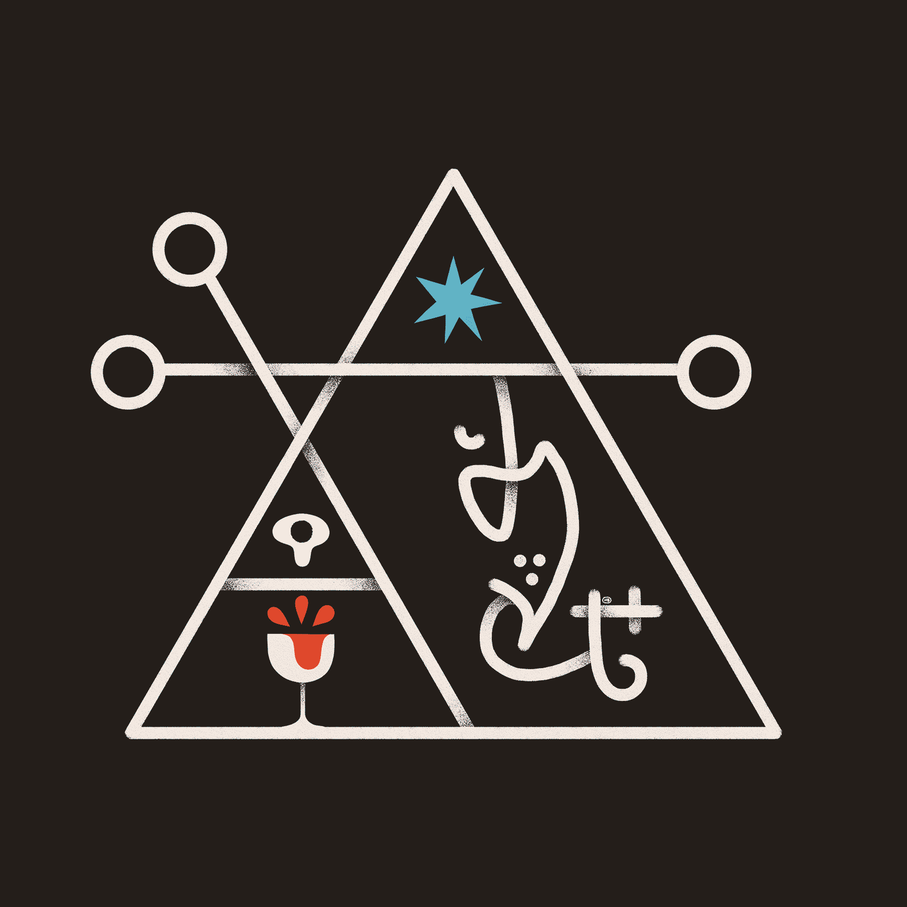 A triangular sigil containing asemic text, a blue star, and an eye crying into a cup that overflows with red liquid.