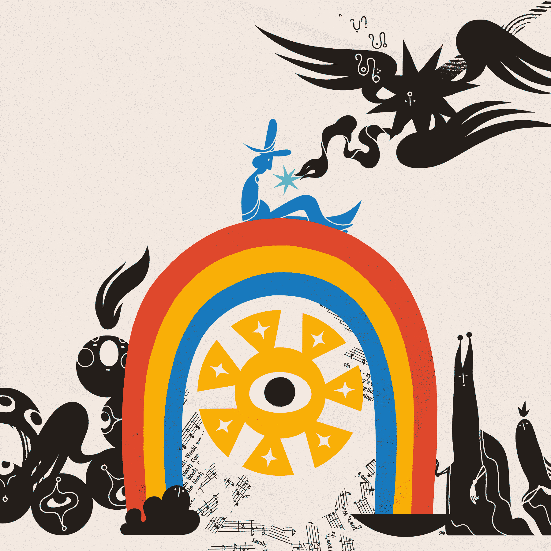 A rainbow over an old Helvetica Blanc logo, surrounded by a variety of shadowy characters from the Realms, some collage of sheet music, and a blue magician receiving a star from an angelic figure.