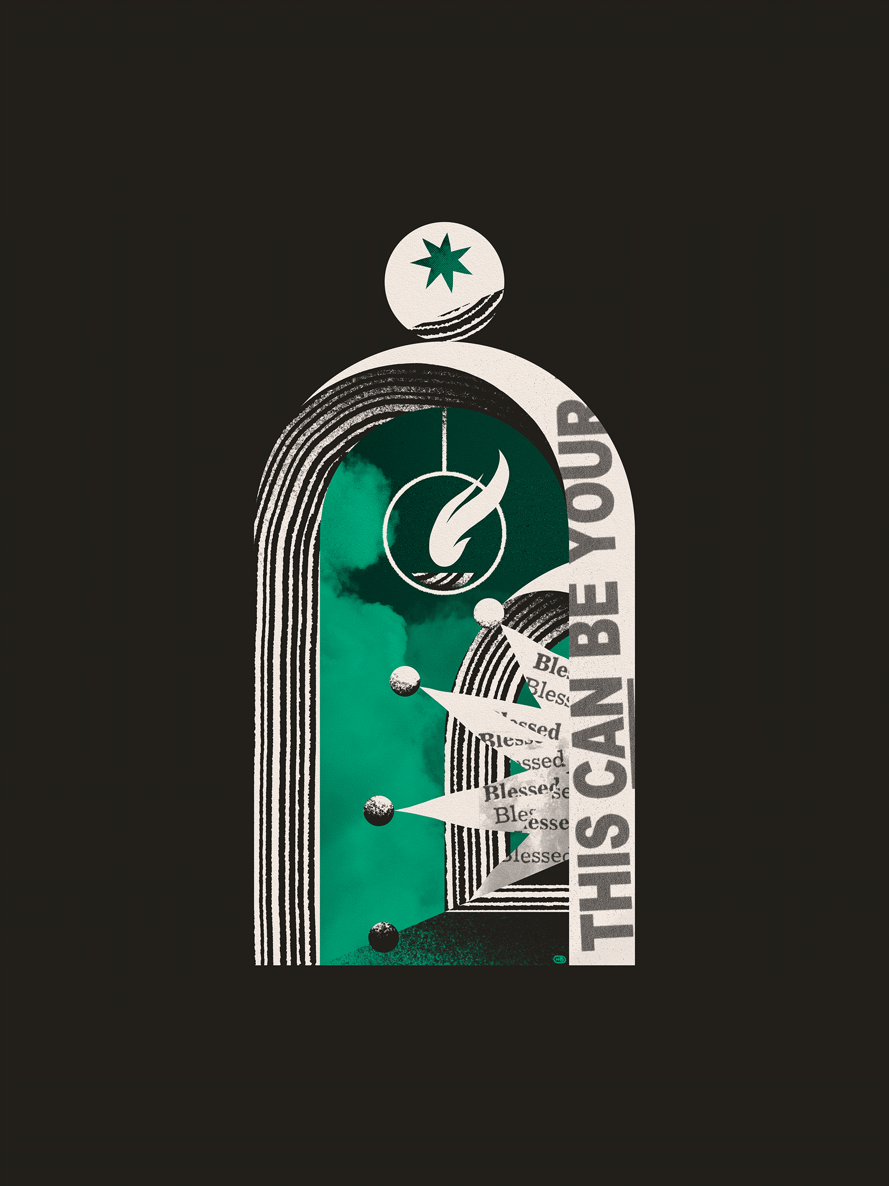 A collaged archway leads to a green cloudscape, a star-like shape filled with collaged text, and another archway.