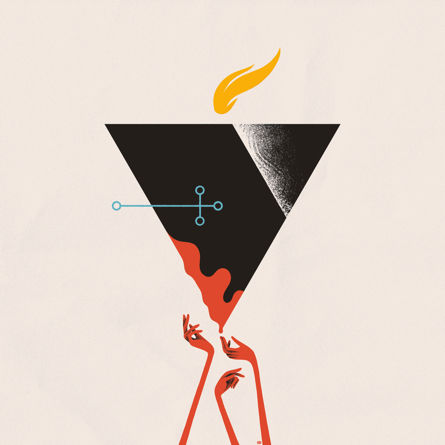 Three red hands reach upward toward a black, triangular prism. The prism has a golden flame overhead, a blue cross-like sigil in front, and from the bottom, red fluid flows.