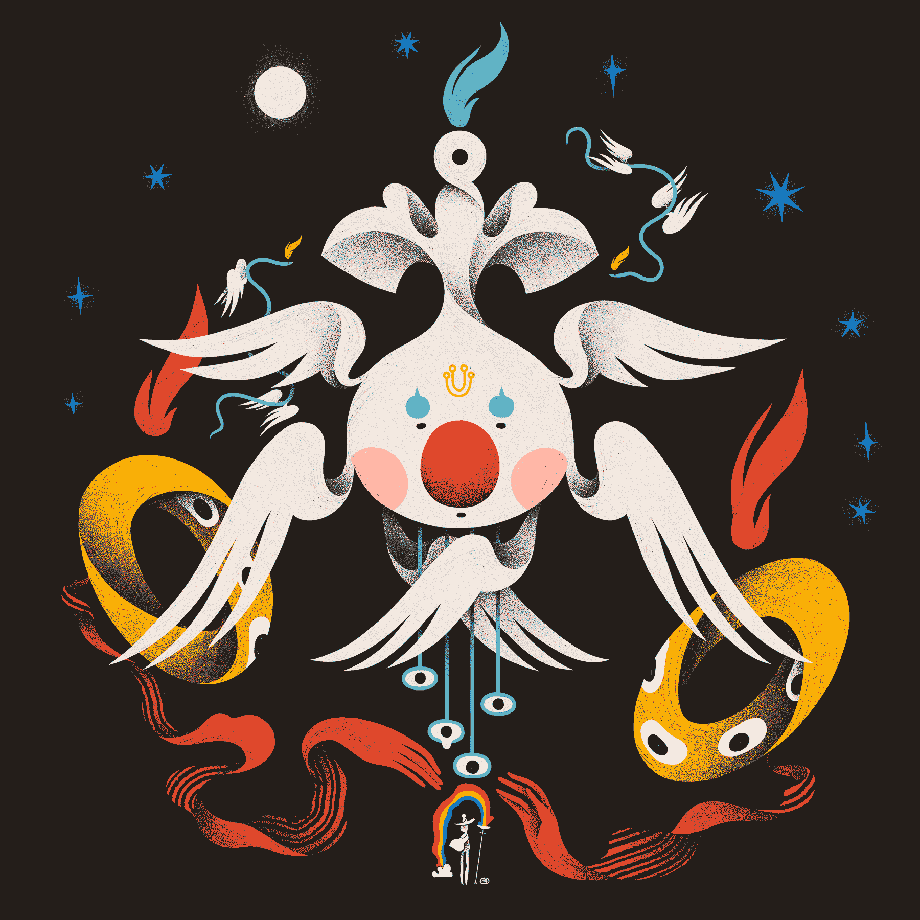 A massive, six-winged, clown-like angel appears above a magician and their familiar. This angel is flanked by smaller serpentine angels and two ring-like angels, reaching toward the magician with red hands. The circular composition is completed by blue stars and a full moon overhead.