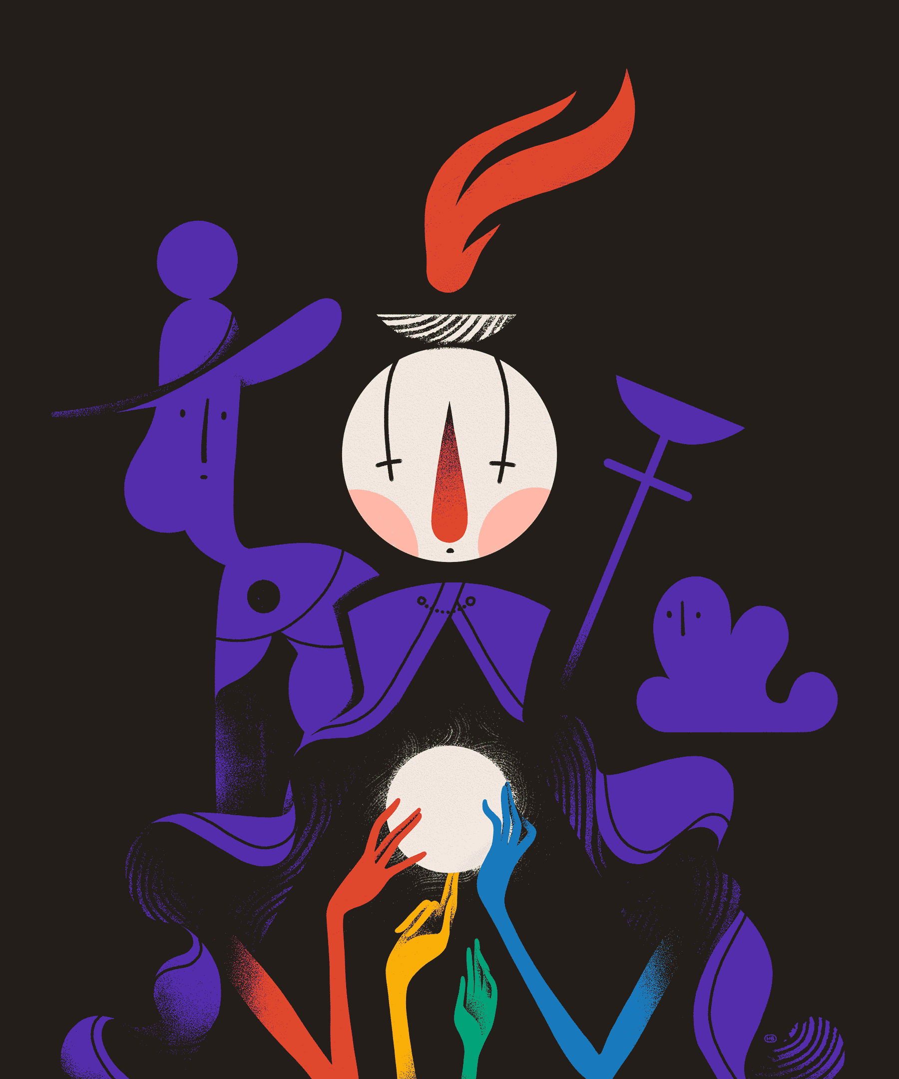 A magician and their familiar observe as a clown-like entity with four many-colored arms gazes into a glowing white sphere.