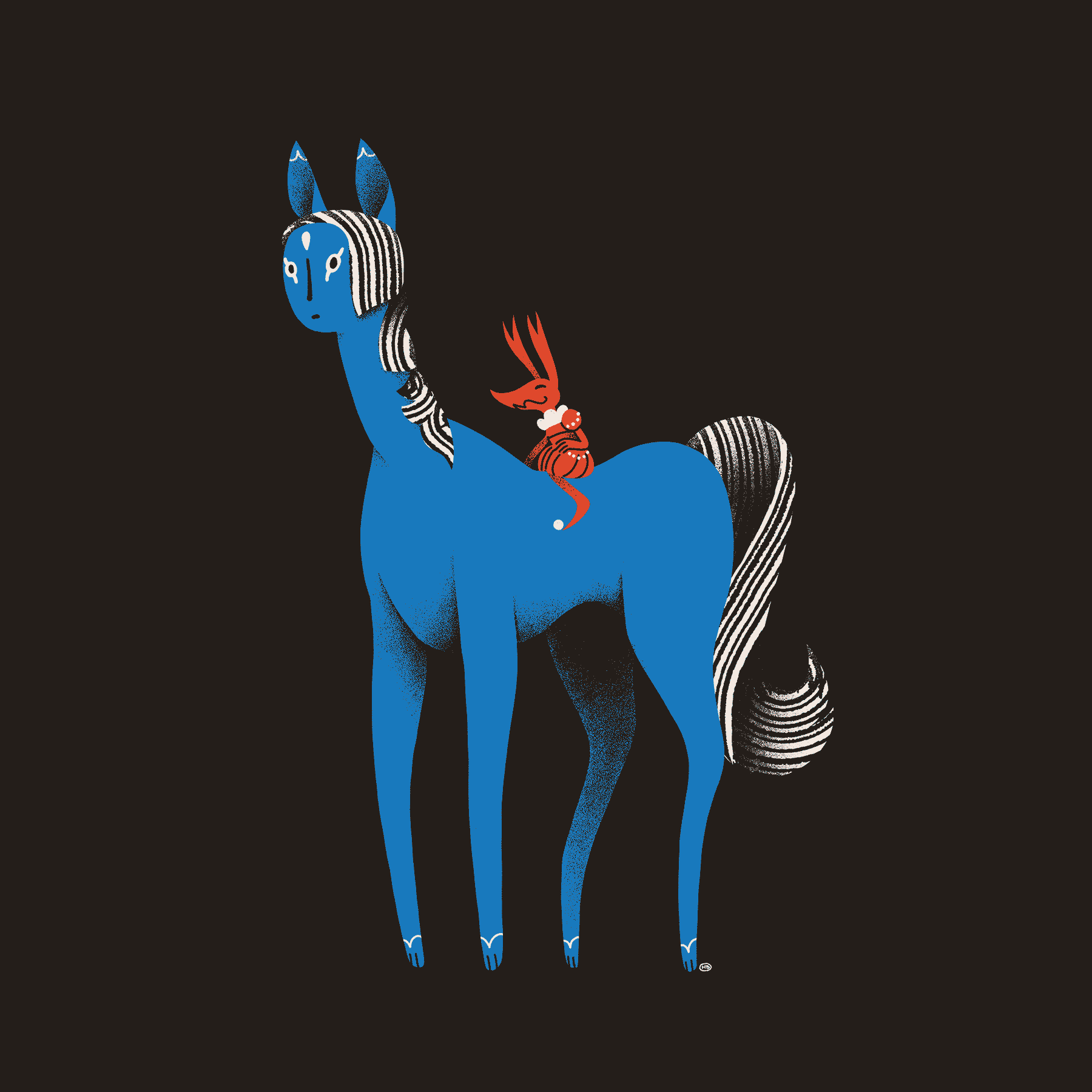 A small, red goblin rides a blue, human-faced horse.