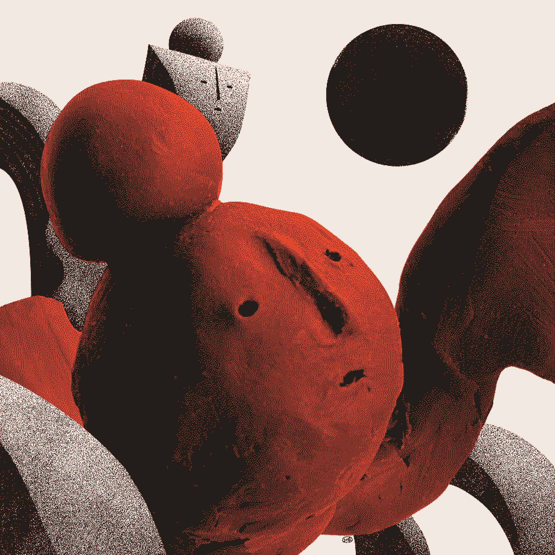 A red clay figure looks upward toward a blackened sun. They are flanked and held by another, more geometric figure.