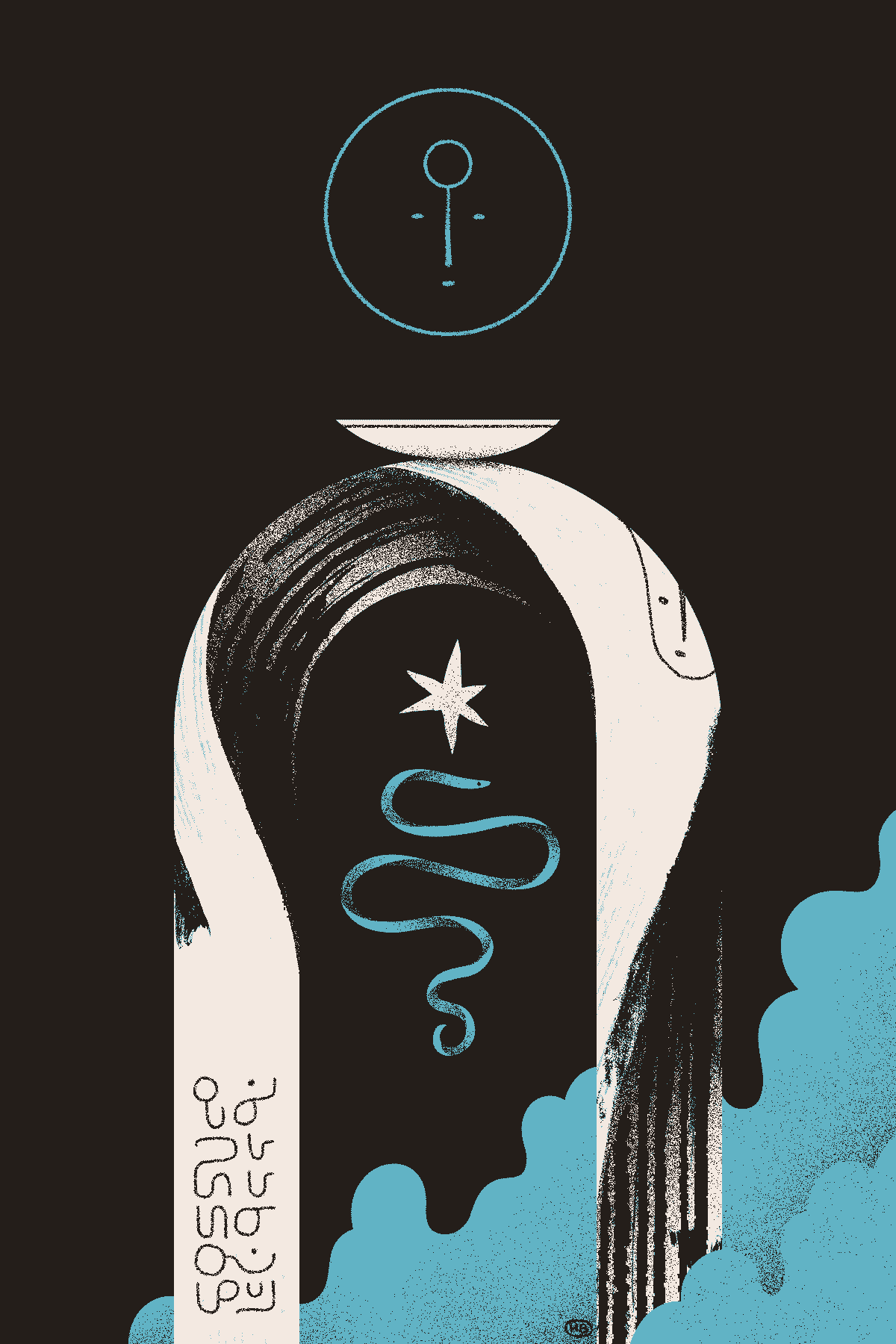 Beneath a dark moon, and archway is filled with asemic text, a serpent, and a star.