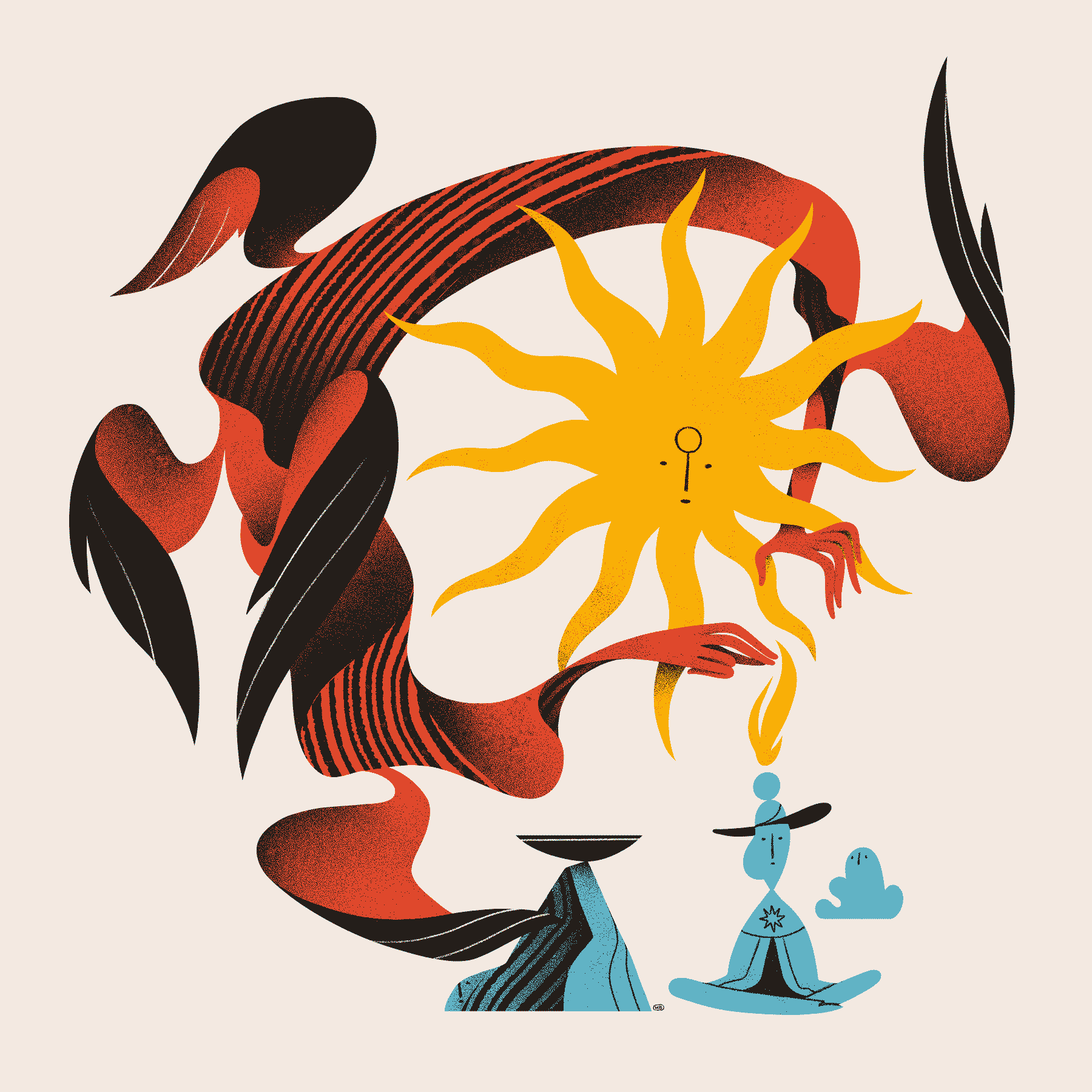 A magician sits meditating near an altar from which a sun-headed, many-winged entity arises. They attempt to make contact with the flame above the magician's head.