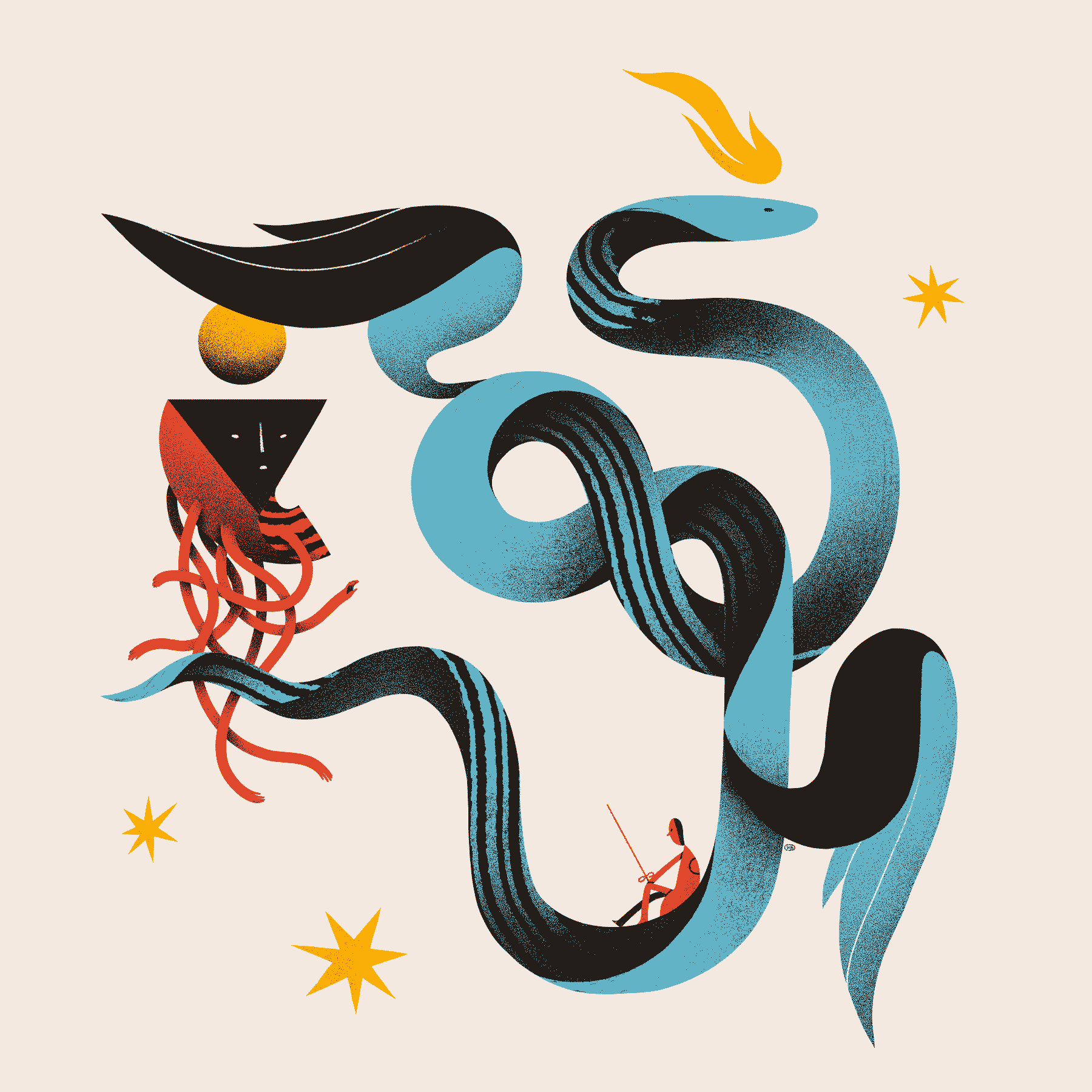 A red traveler with a sword confronts a tentacled geometric entity while being carried by a large, blue, winged serpent.