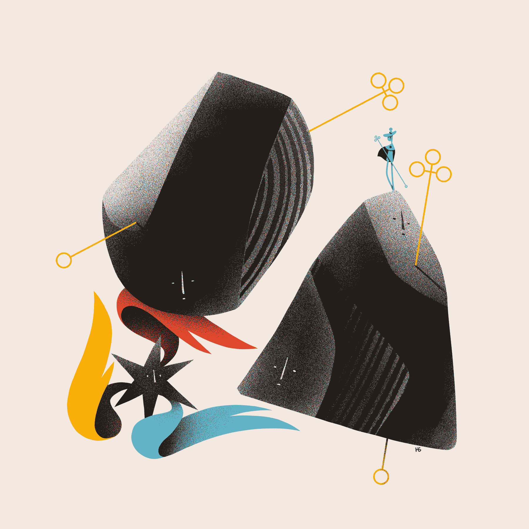 A small blue magician holding a staff looks down through two large stone-like beings at a three-winged star - each wing in a primary color. Cross-like sigils pierce each stone figure, and their faces gaze upon the star.