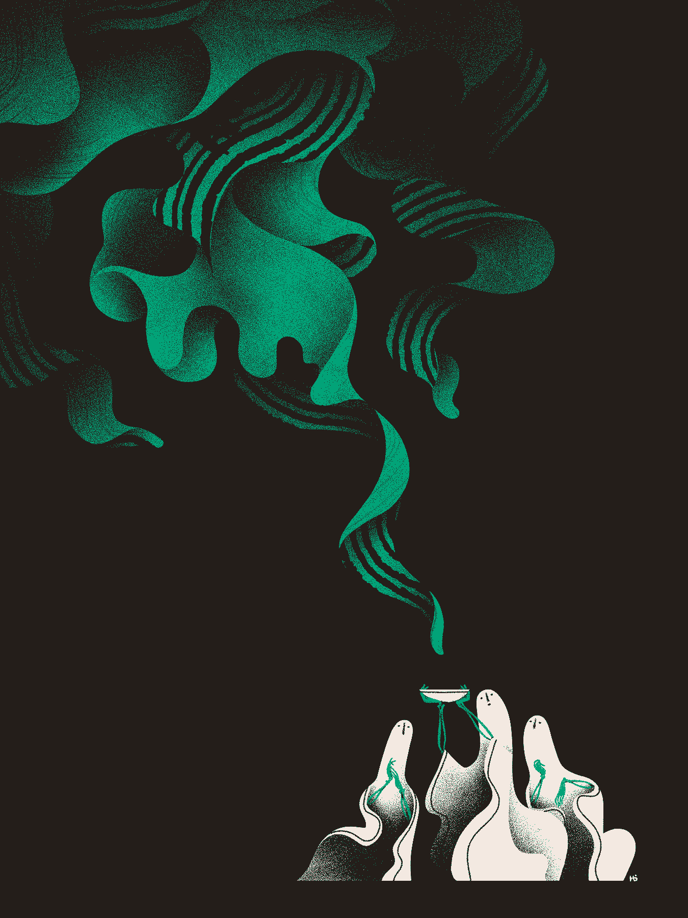 Three saints hold aloft a bowl with their bony arms, summoning an unknown entity that reaches down with three green, twisting, tentacle-like appendages.