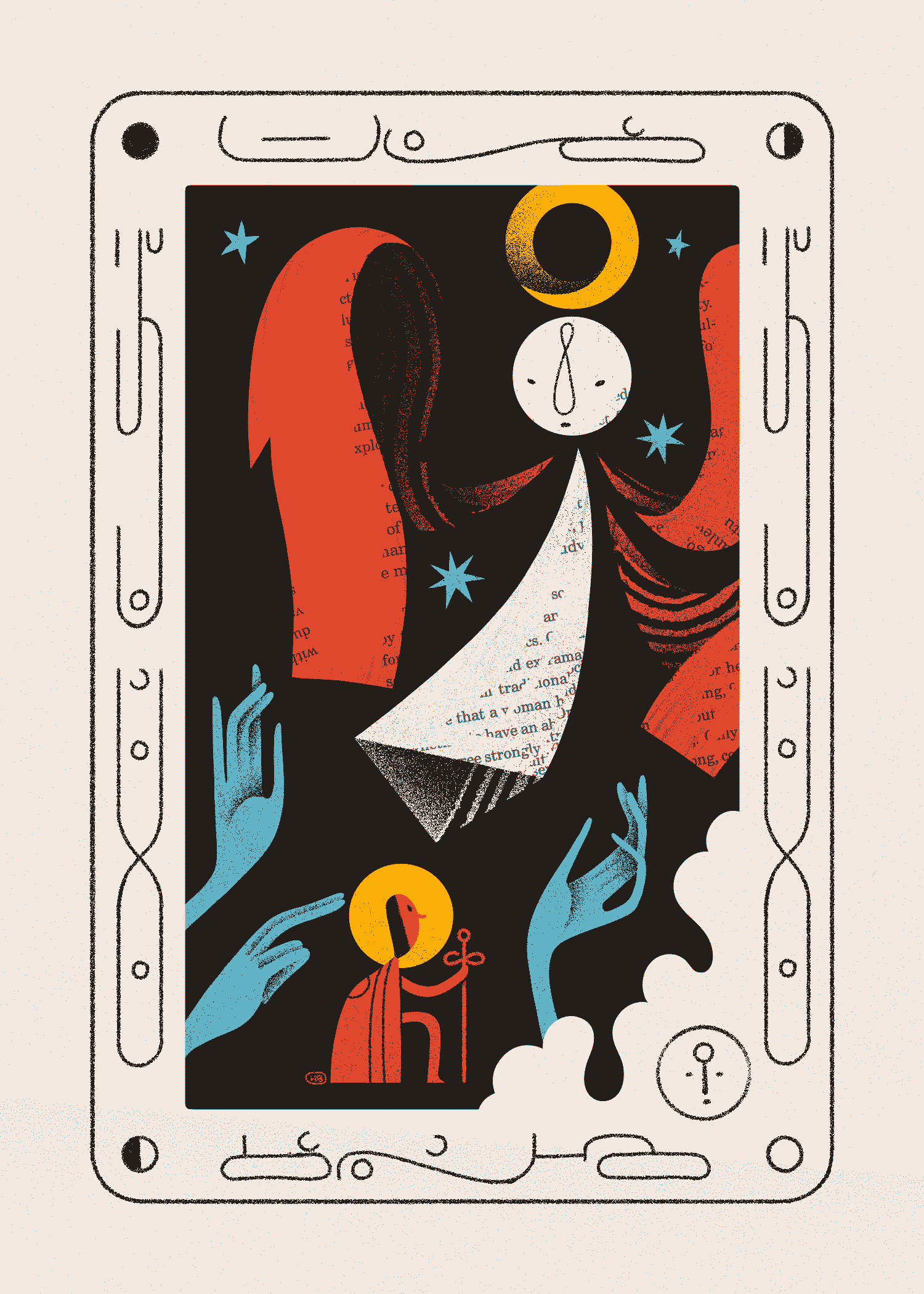 A red, kneeling knight looks upward to an angel. Three blue hands reach for the knight, and Wormrōte around the frame says 'wisely choose your devotion'.