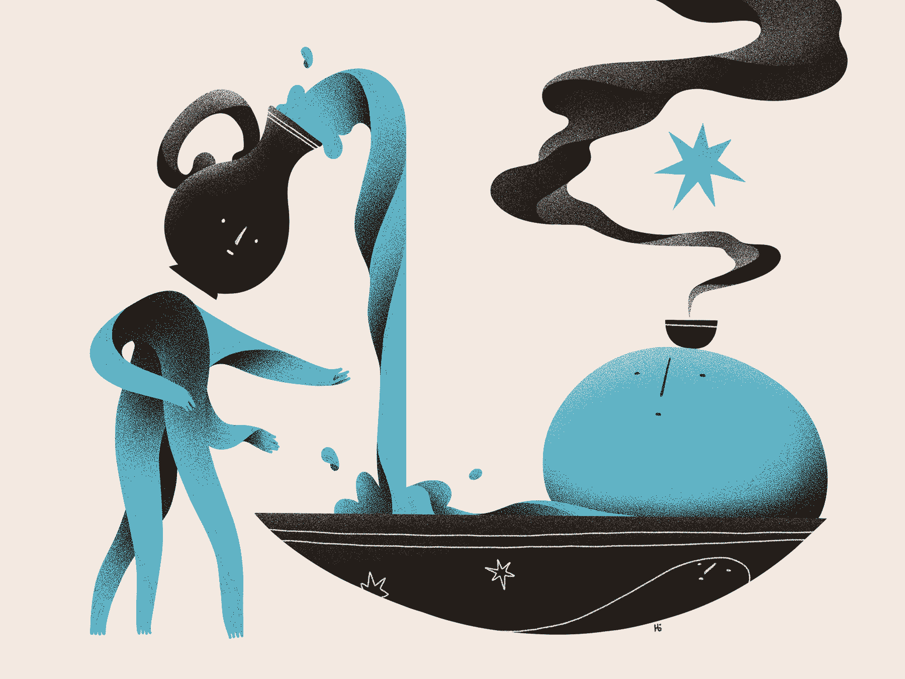 A pouring vessel greets the viewer with watery blue appendages as they gesture to a large bath nearly filled with another blue entity that gazes upward at a plume of black smoke and a star.