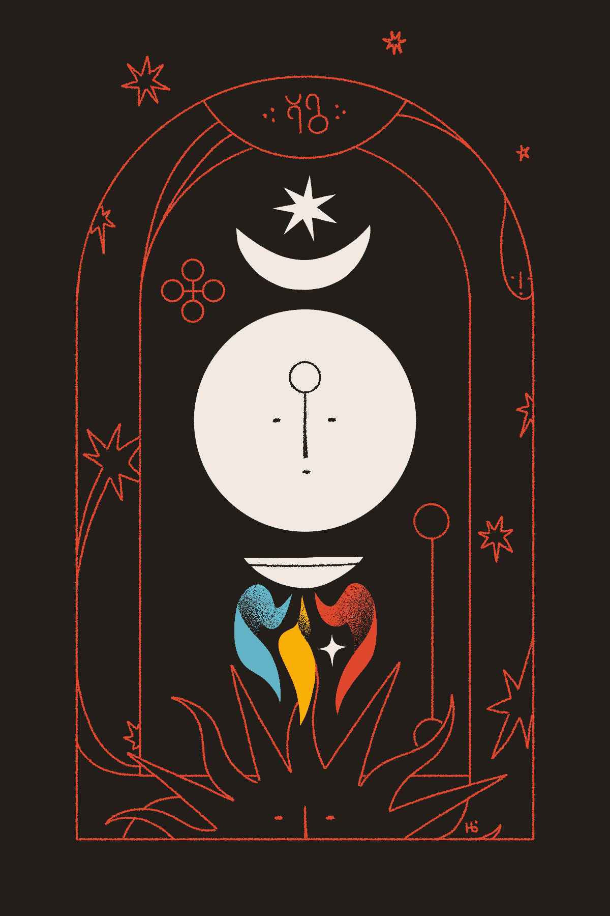 The moon gazes upon the viewer and is surrounded by a vessel with wings, stars, a crescent, and an archway composed of red outlines of the sun, her name, and other symbols.