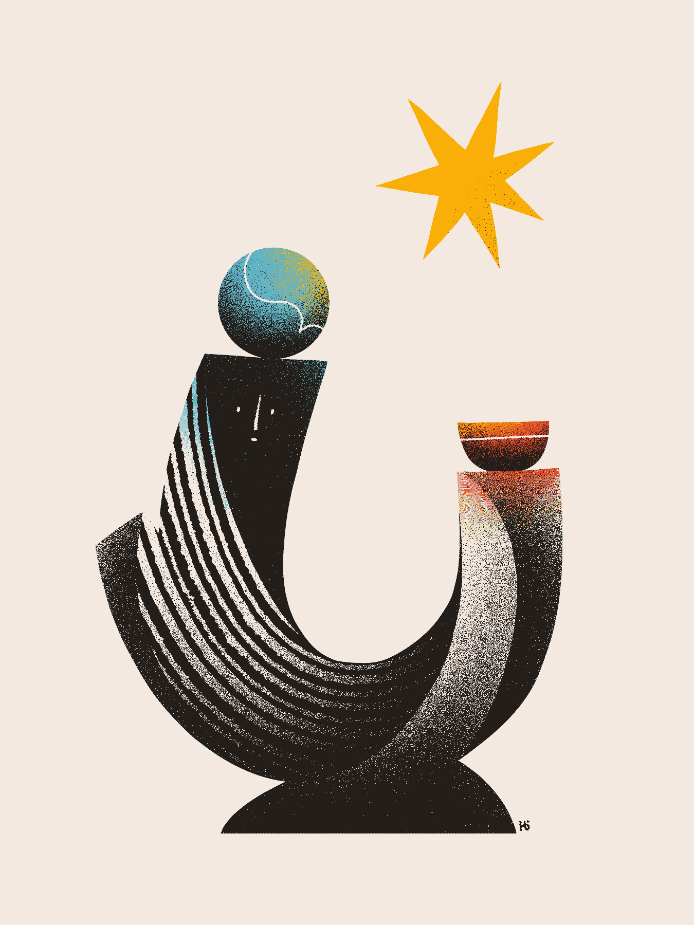A U-shaped, sculptural entity turns to look at the viewer. They hold aloft a blue sphere and red cup underneath a yellow star, and the color from each bleeds down onto the entity.