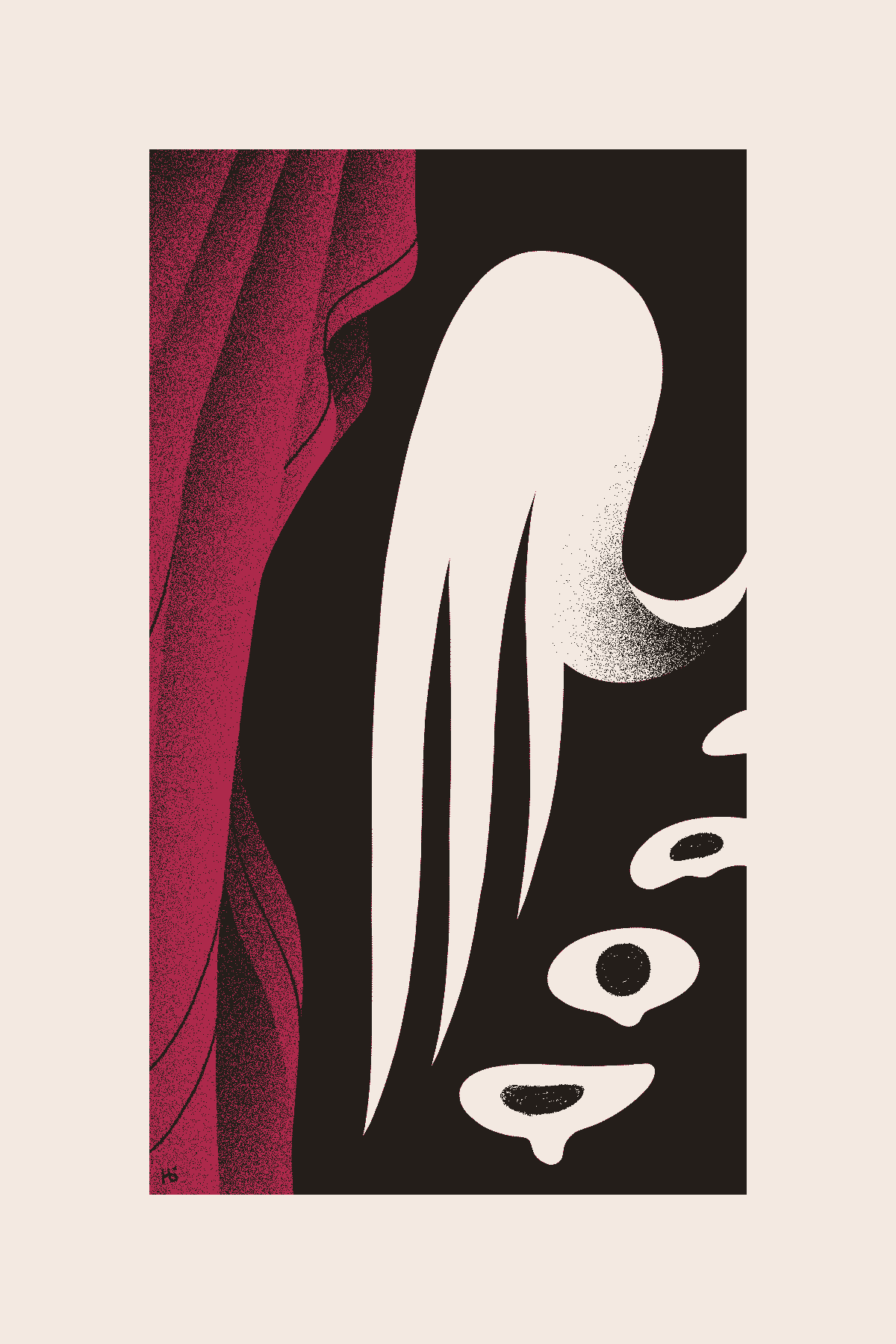 A violet veil is pulled aside to reveal a wing and a series of distorted, crying eyes on a black background.