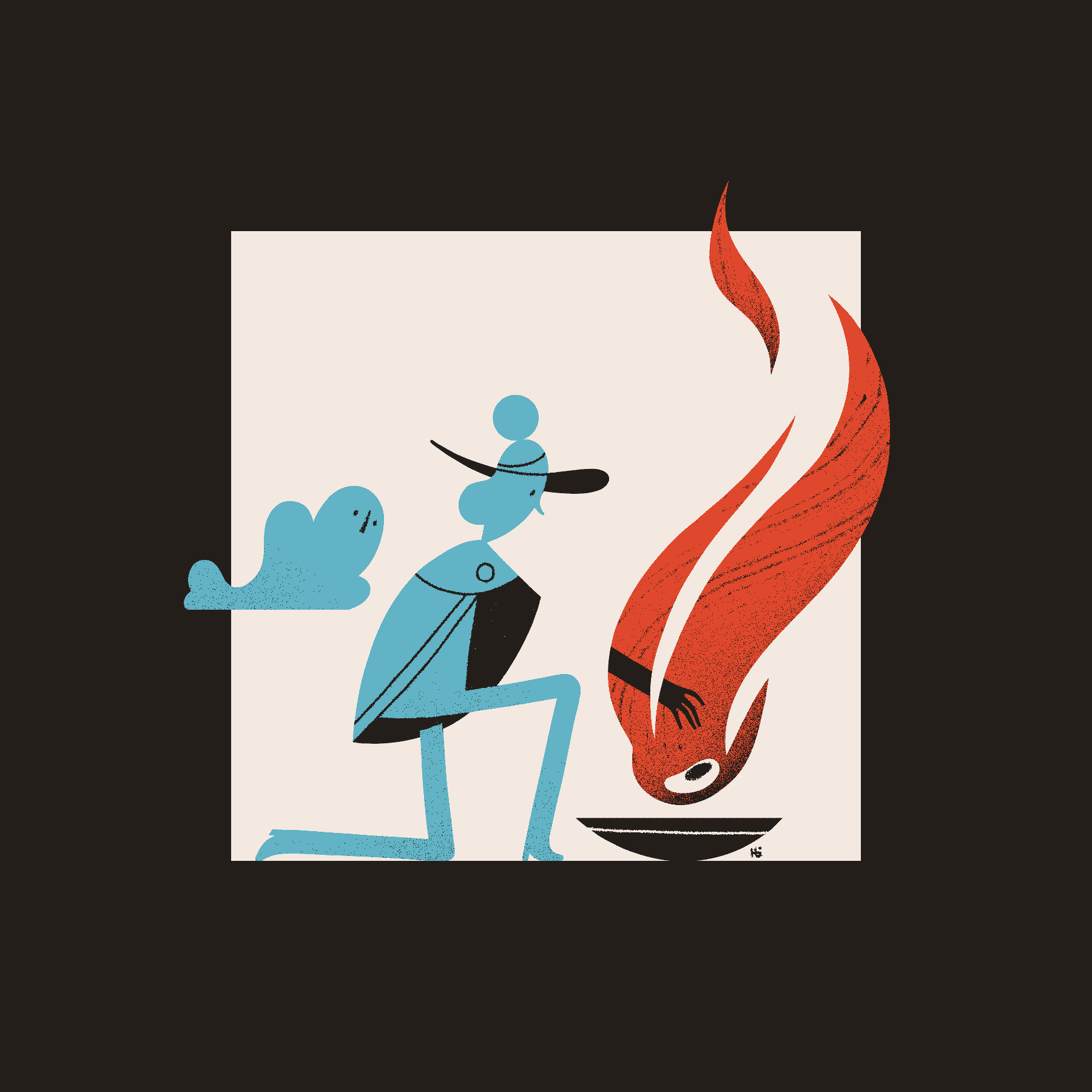 A blue magician kneels and reveals their invisible arm as they reach into a red flame to touch a disembodied eye. They are surrounded by a thick black border, a black vessel, and a blue, cloud-shaped familiar.