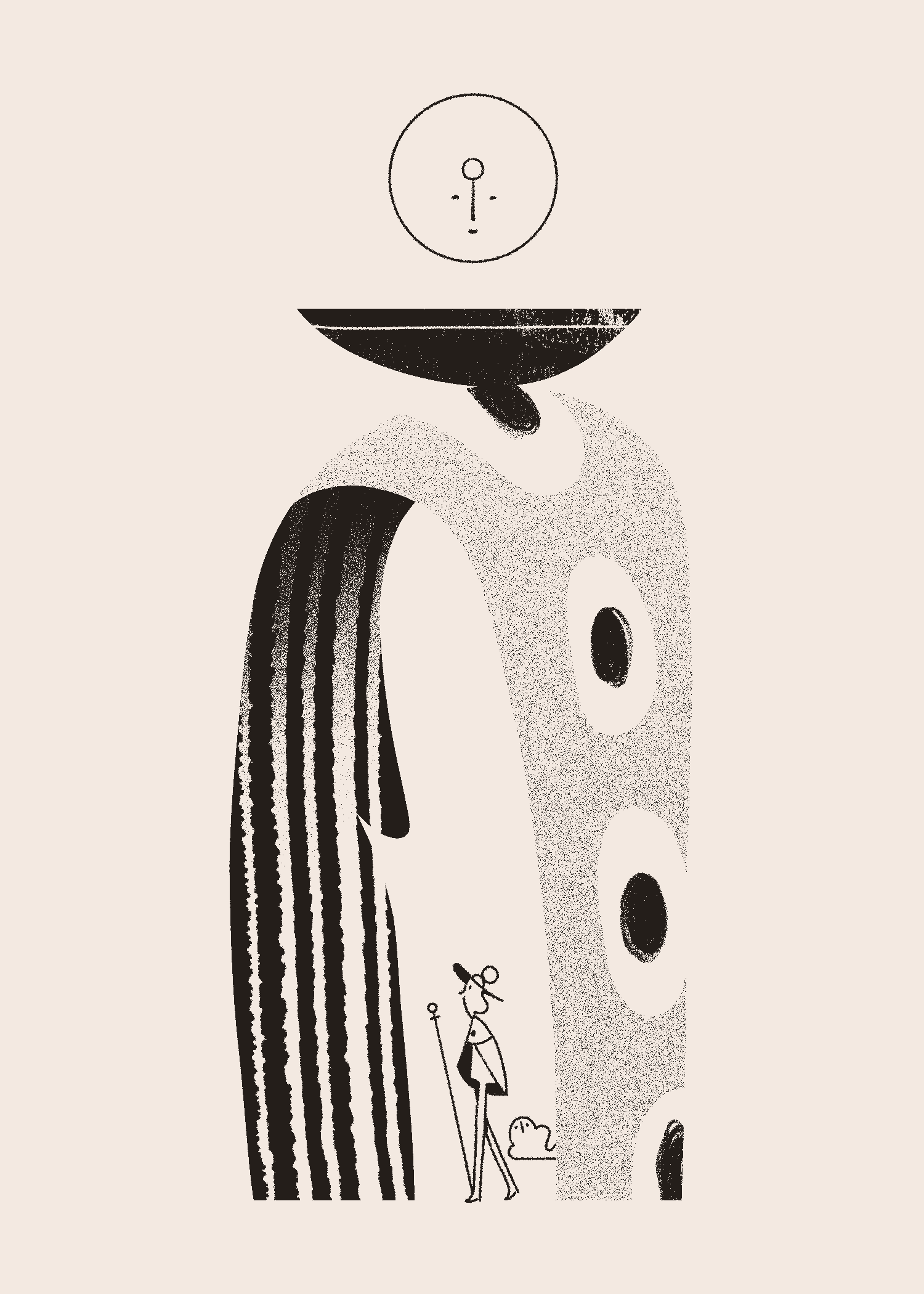 The inquirant Āyen walks beneath an archway while Mūn looks down upon them. The archway has a string of eyes and an offering bowl rests atop.