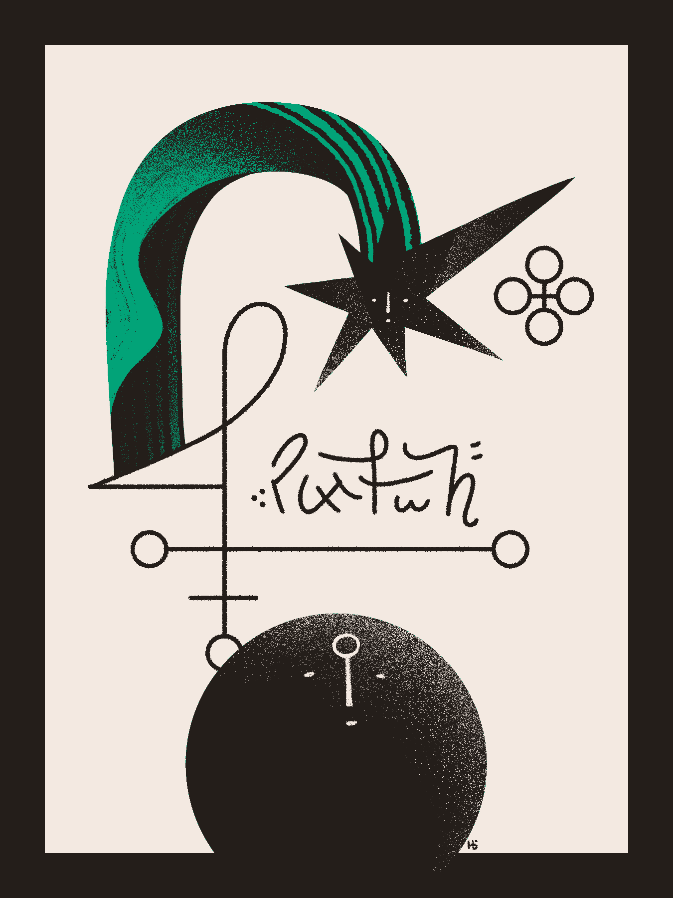 A black moon gazes upwards toward a falling star with a green trail. Asemic writing and sigils are found between them and connecting them.