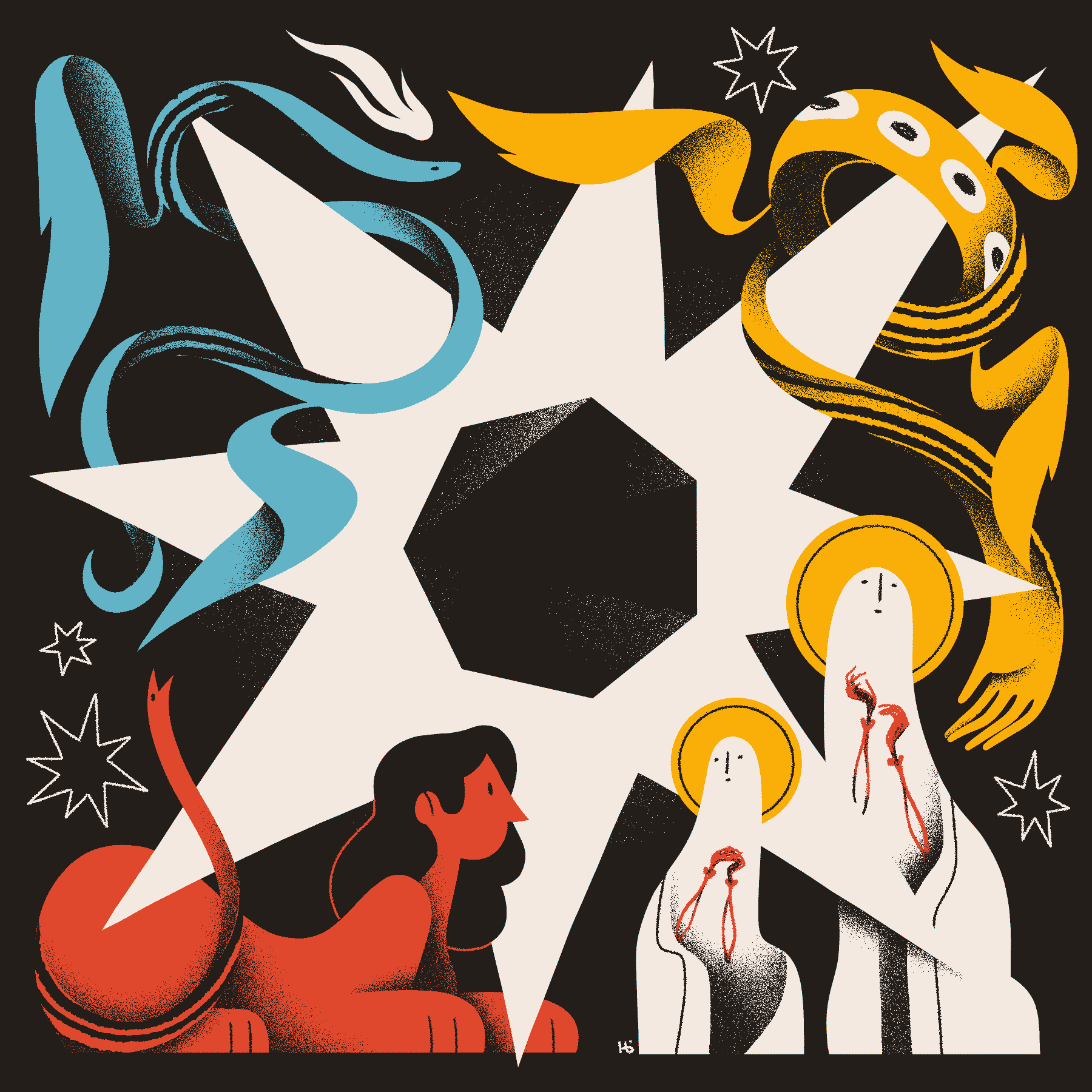 Two saints look with wonder upon a red sphinx, a blue seraph, and a yellow ophan surrounding an eight-pointed white star and heptagonal void.