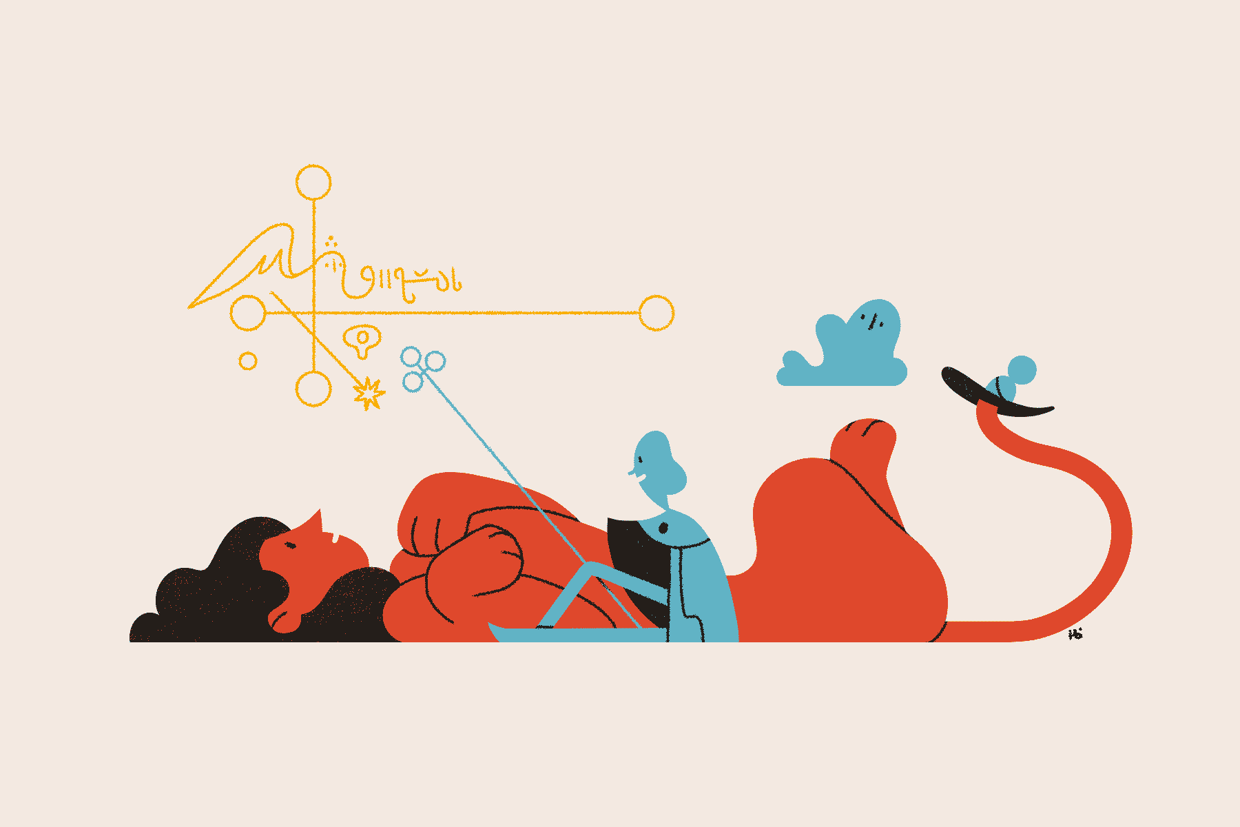 A red sphinx lies on her back and contemplates a golden riddle drawn by a blue magician in the air. The magician's familiar is distracted by its steward's hat dangling from the sphinx's tail.