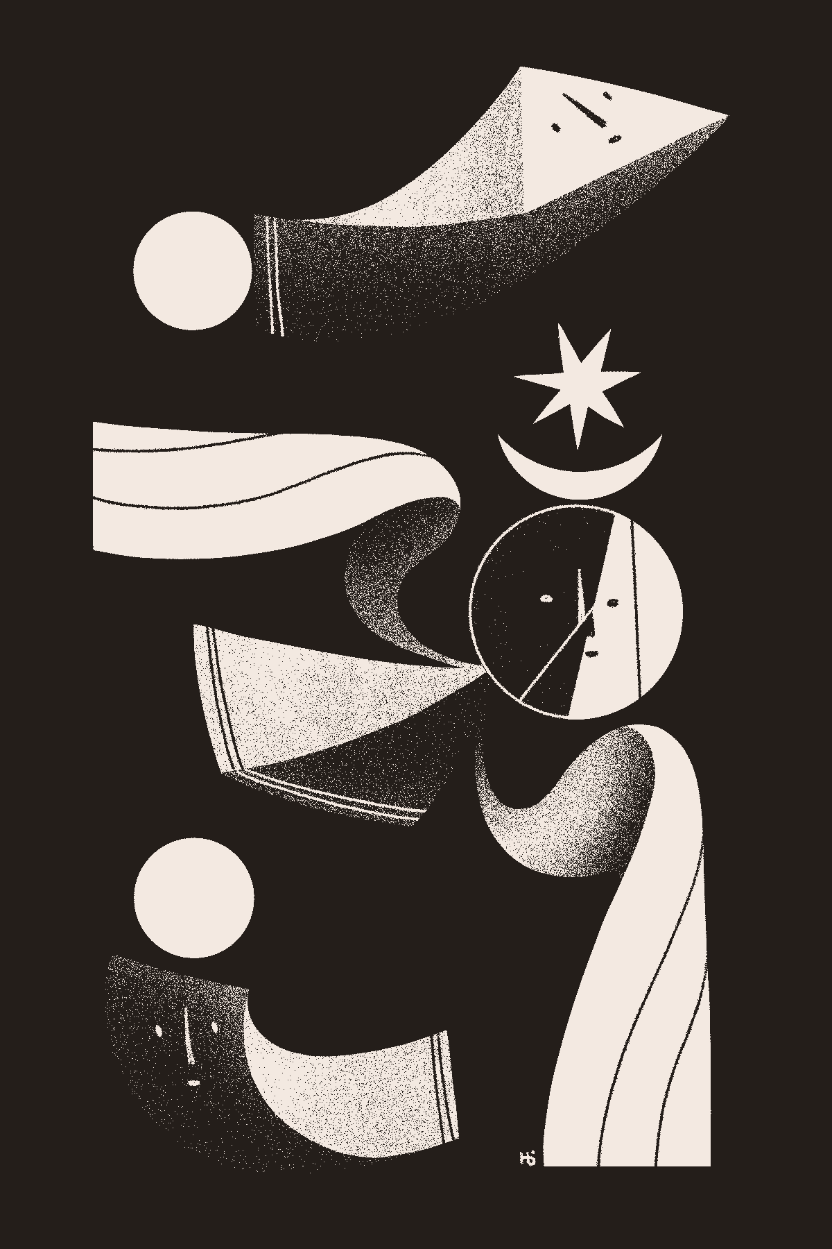 A black and white portrait of an angel with a fractured face and a crescent moon crown surrounded by two curved geometric entities.