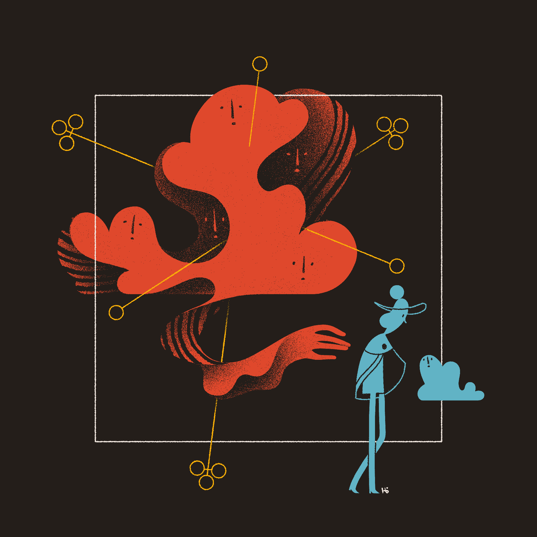 A red, cloudlike entity approaches a blue magician from behind and reaches to touch them. The entity is pierced by a number of golden sigils, and has several faces expressing a range of emotions.