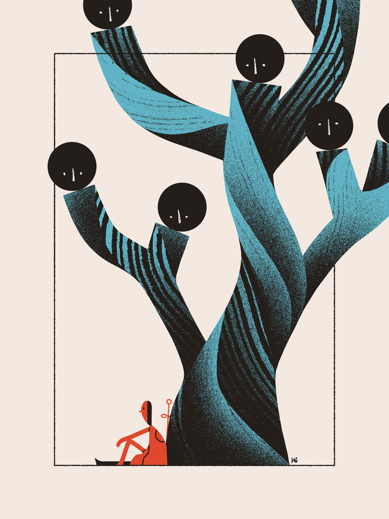 A red knight rests and contemplates at the base of a large, blue tree whose branches end in dark spheres. Faces inside the spheres gaze down upon the knight.