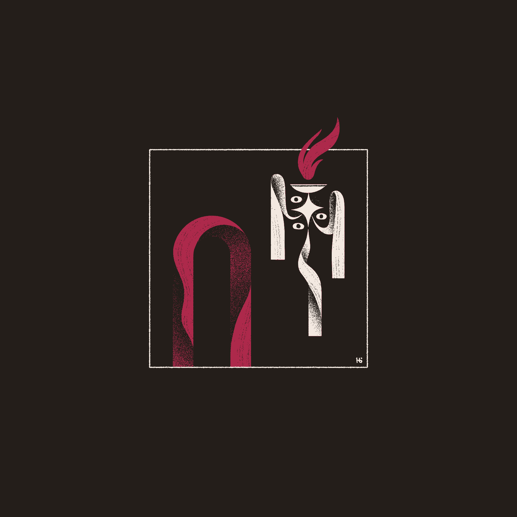 An abstract, three-winged angel carries a flaming offering bowl toward a violet archway. Both are surrounded by darkness.