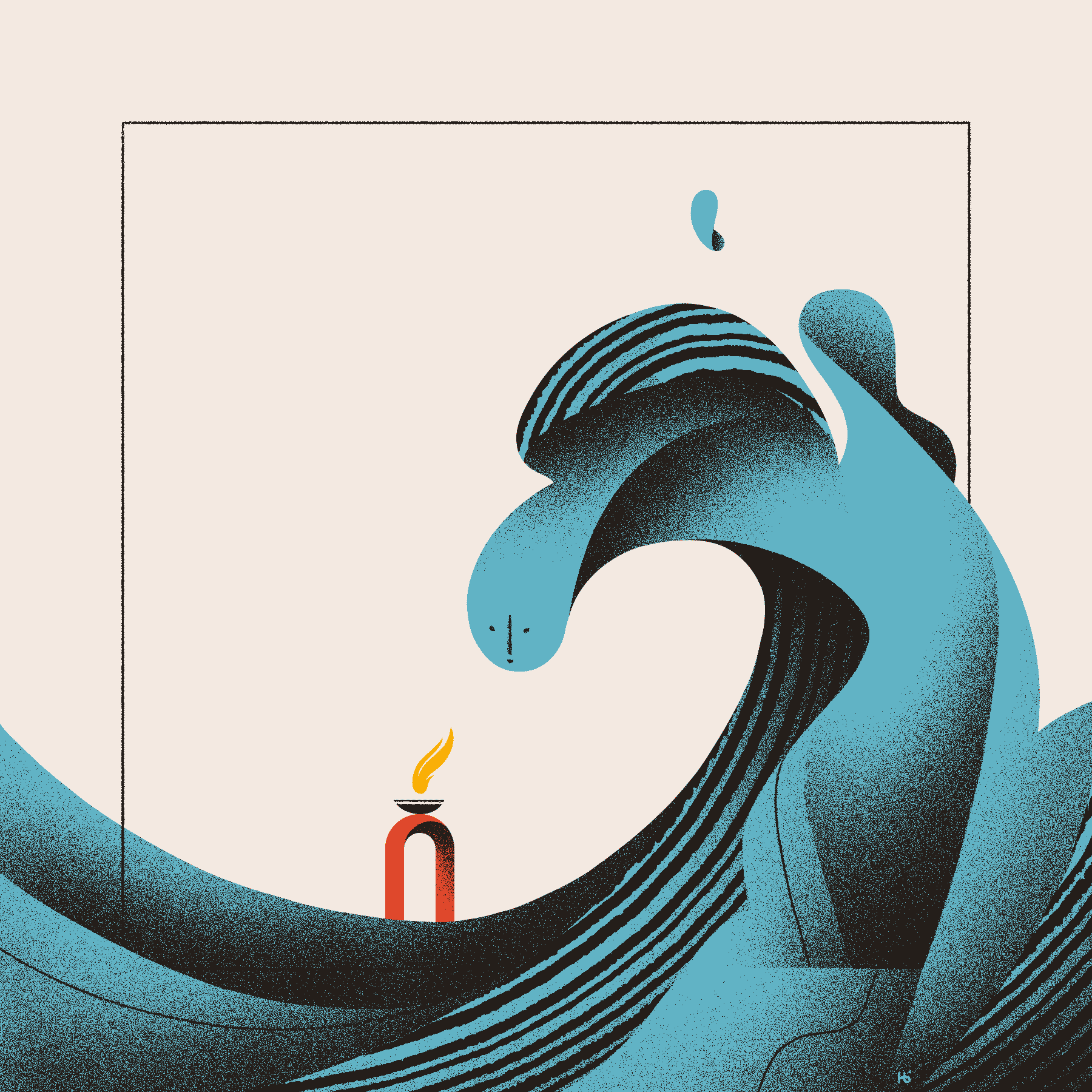An anthropomorphic wave of water looks down upon a red archway with a lit offering bowl on top.