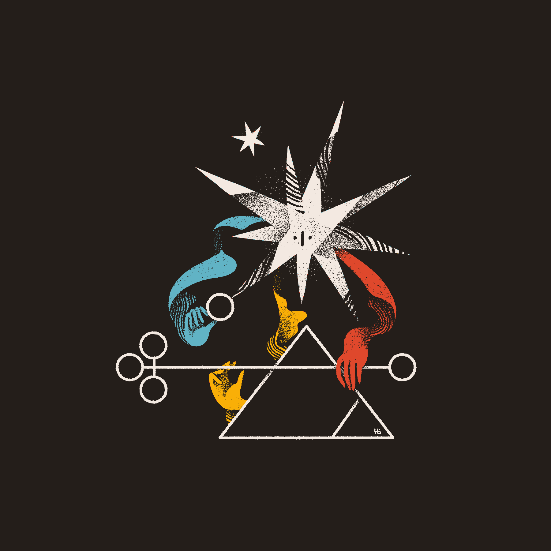 A starlike entity constructs a sigil using primary-colored arms.