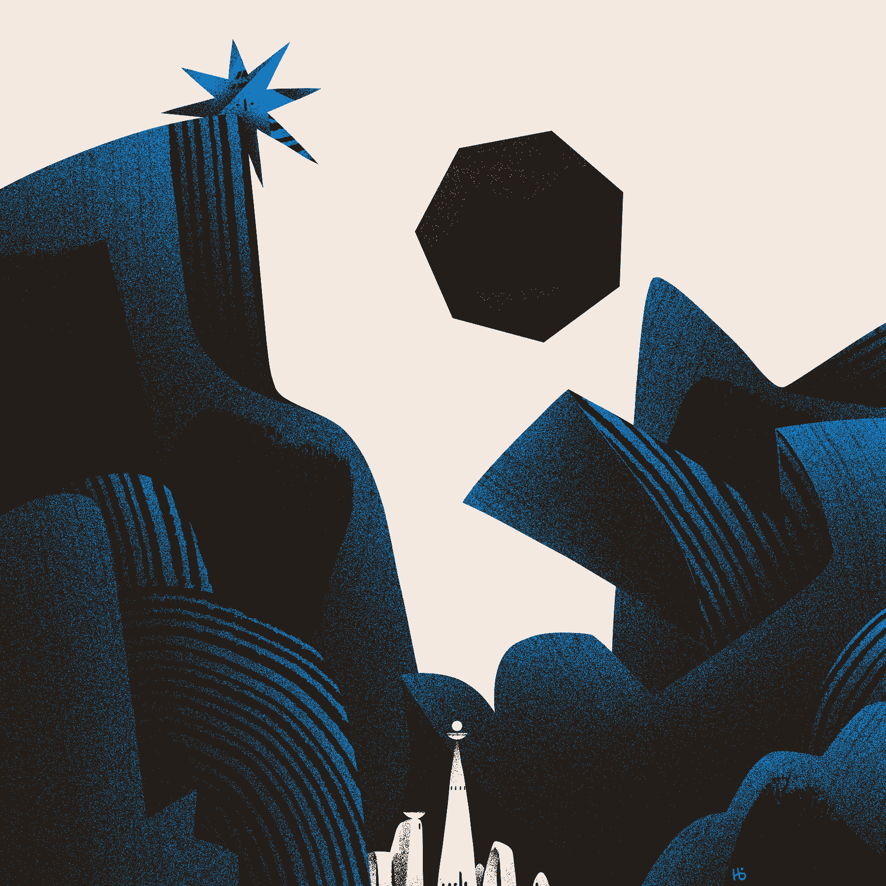 A tall, blue, mountainous landscape overlooks a small white town. The top of one of the mountains has a star-shaped summit and a barely visible face. A black heptagon floats in the distance.