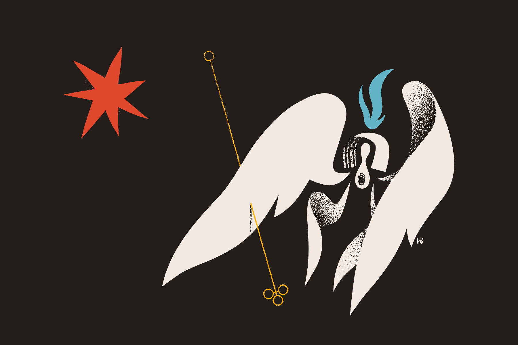 An abstract angel is pierced by a golden sigil.
